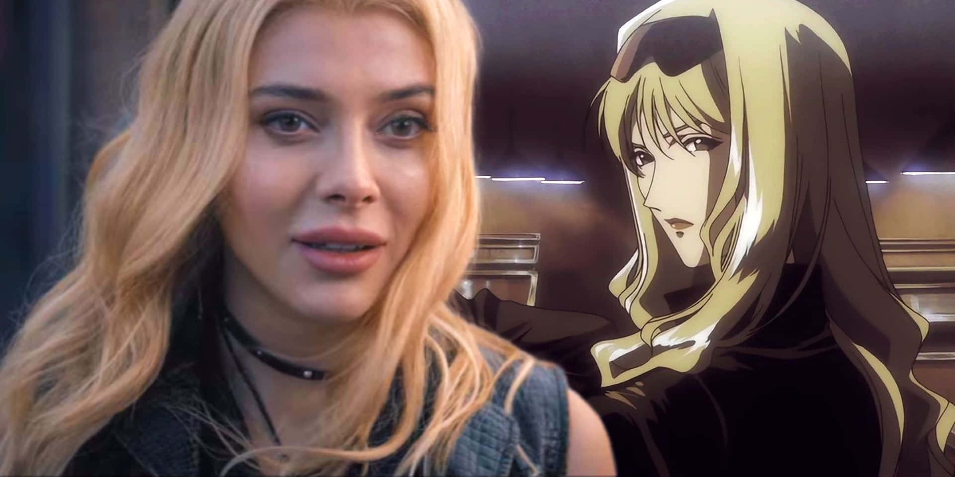Cowboy Bebop Julia 桌布 壁紙 — 一位真人金髮女郎和一位戴帽子的動漫風格金髮女郎在分屏構圖中向前凝視。