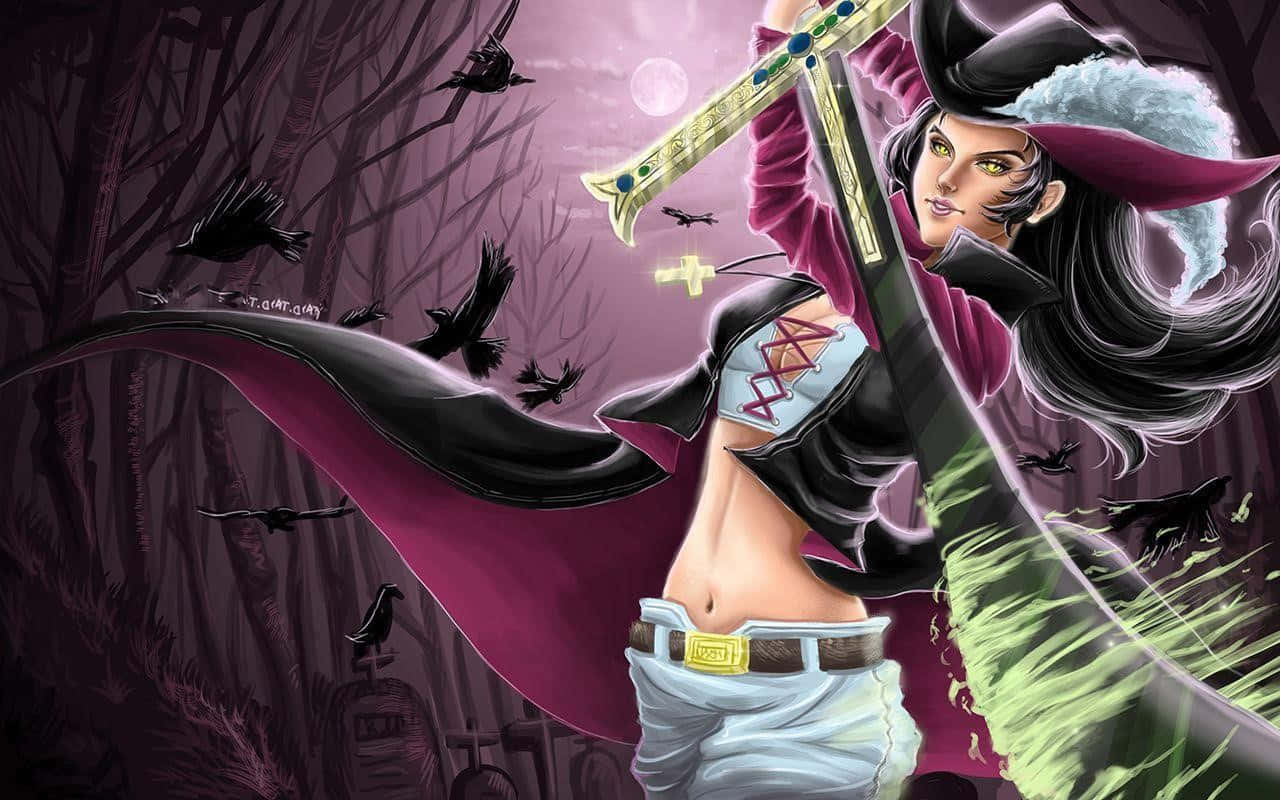Dracule Mihawk 桌布 壁紙 — 一位眼睛發光的女巫在月光下的森林墓園中，於飛翔的烏鴉之間揮舞著一把發光的劍。
