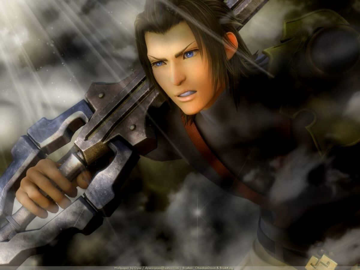 Kingdom Hearts Terra 桌布 壁紙 — 一位眼神堅定的動漫戰士，藍色眼睛，在旋轉的煙霧和戲劇性燈光中握著一把巨大的劍。