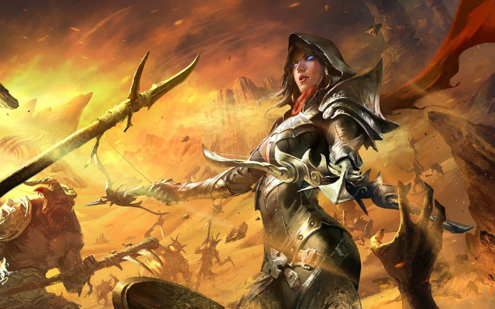 Demon Hunting 桌布 壁紙 — 一位眼神發光、身穿鎧甲的兇猛女戰士，在烈焰戰場上手持弓箭對抗怪物敵人。