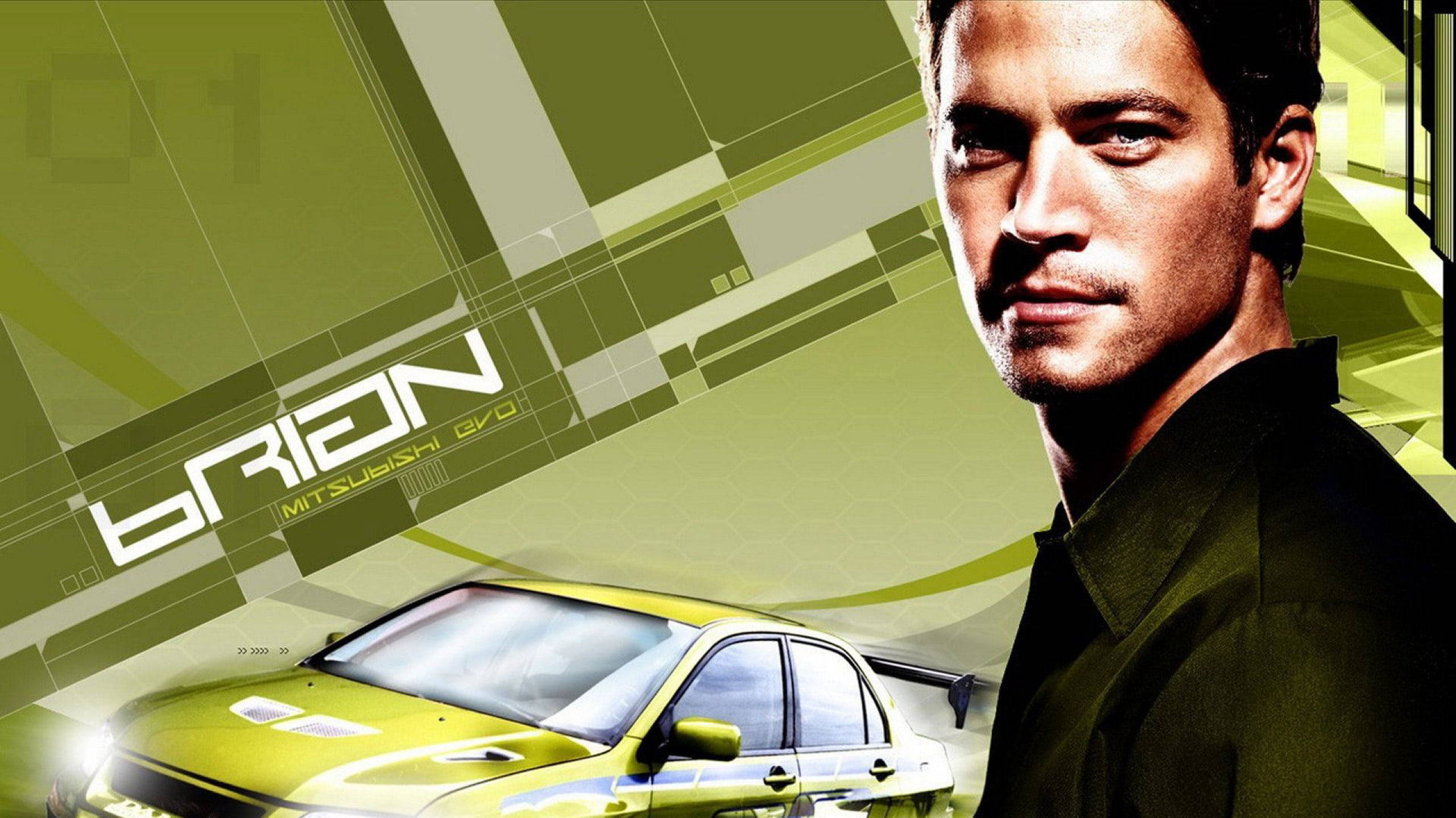 Paul Walker 桌布 壁紙 — 一位眼神銳利的男子站在一輛青檸綠色的三菱Lancer Evo旁邊，背景為大膽的幾何圖案。