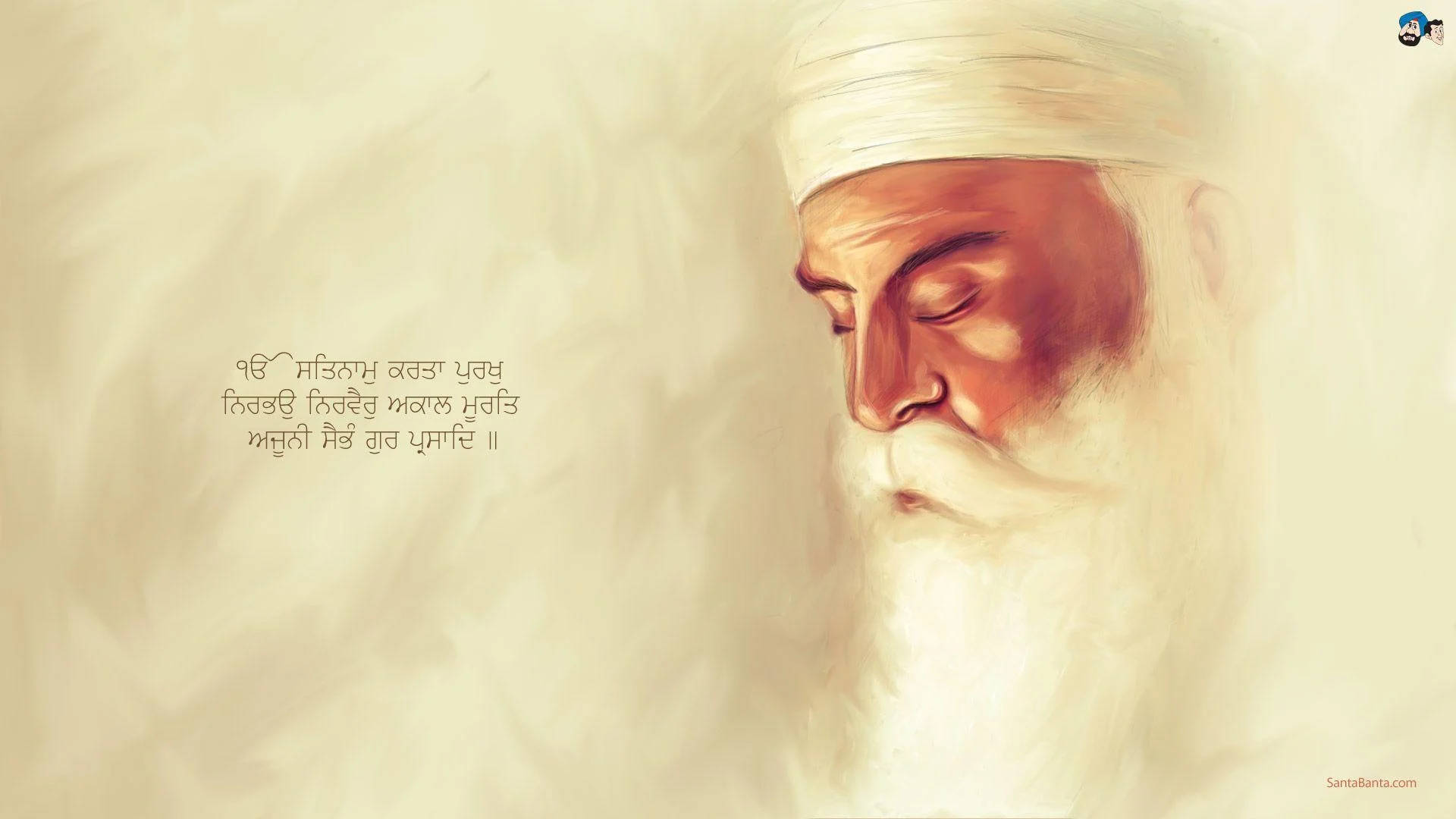guru nanak dev ji 桌布 壁紙 — 一位睿智長者的寧靜肖像，戴著白色頭巾和鬍鬚，在柔和的紋理背景前閉目沉思。