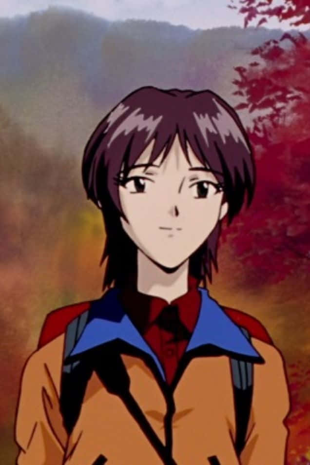 Yui Ikari 桌布 壁紙 — 一位短棕髮、揹著背包的年輕動漫女孩，站在紅色樹葉的模糊秋日背景前。