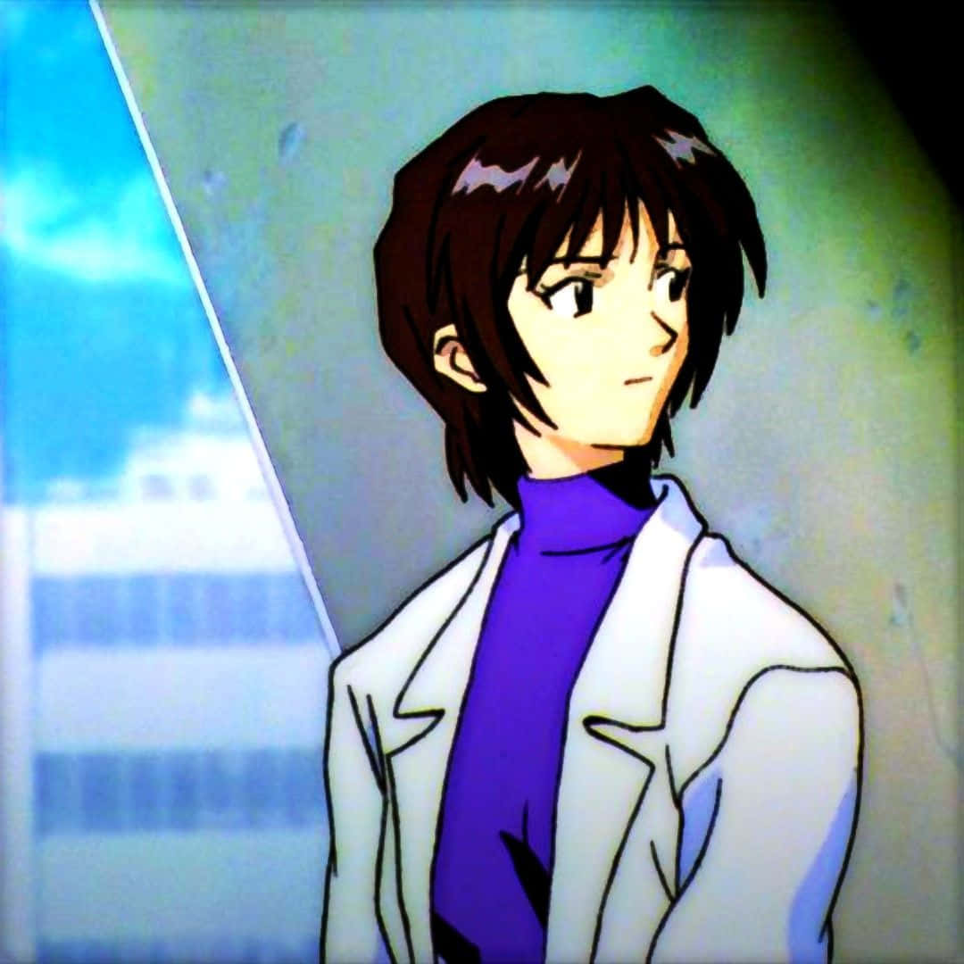 Yui Ikari 桌布 壁紙 — 一位短棕髮的年輕動漫女性，身穿紫色高領毛衣外罩白色實驗室外套，在窗邊若有所思地凝視。
