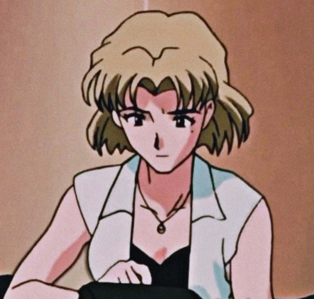 Ritsuko Akagi 桌布 壁紙 — 一位短金髮動漫女性的特寫，身穿白色背心，內搭黑色上衣。