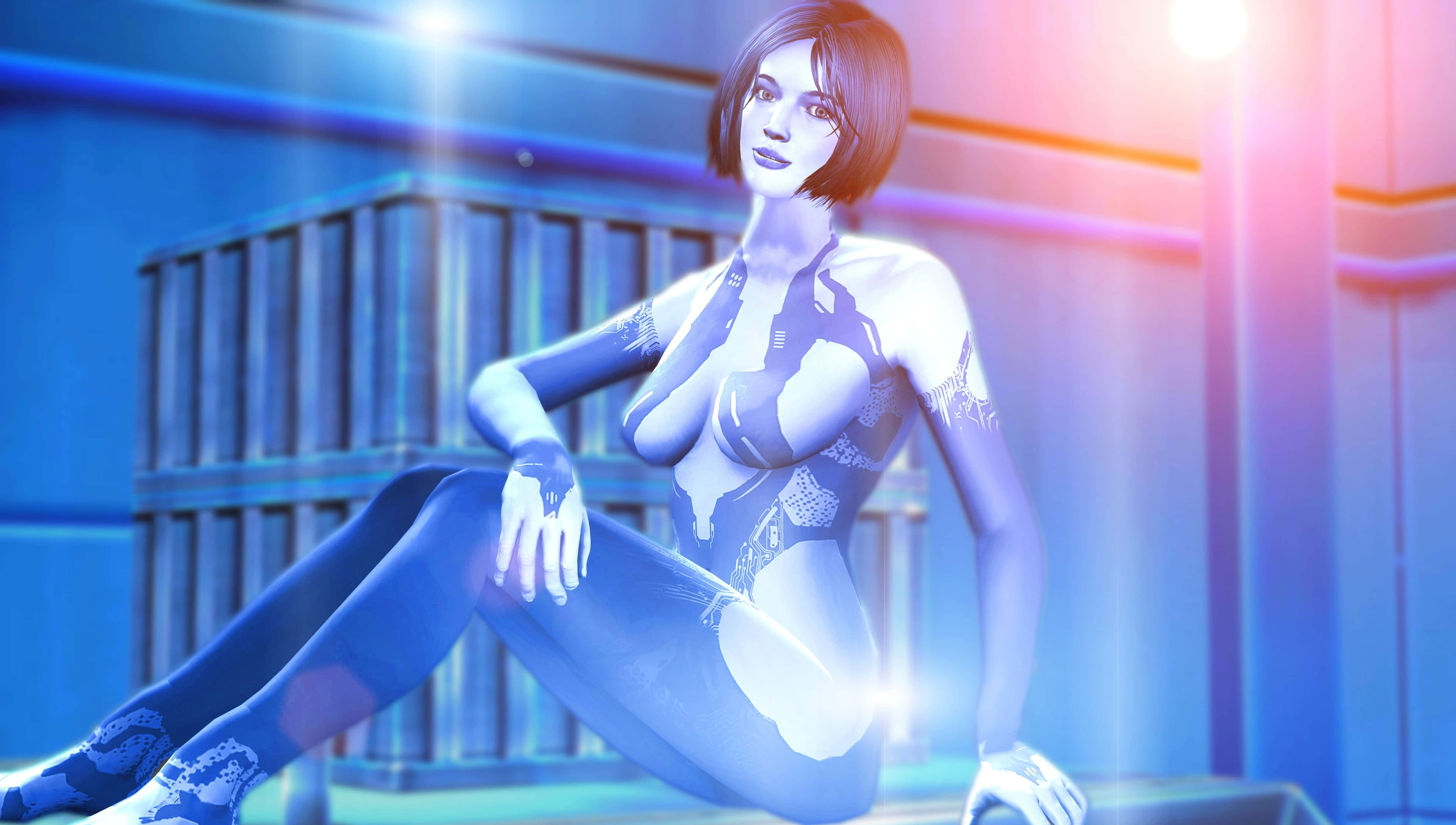 Halo Cortana 桌布 壁紙 — 一位短髮、發光的賽博格女性自信地坐在一個以藍色和粉紅色燈光照明的霓虹未來風格房間中。
