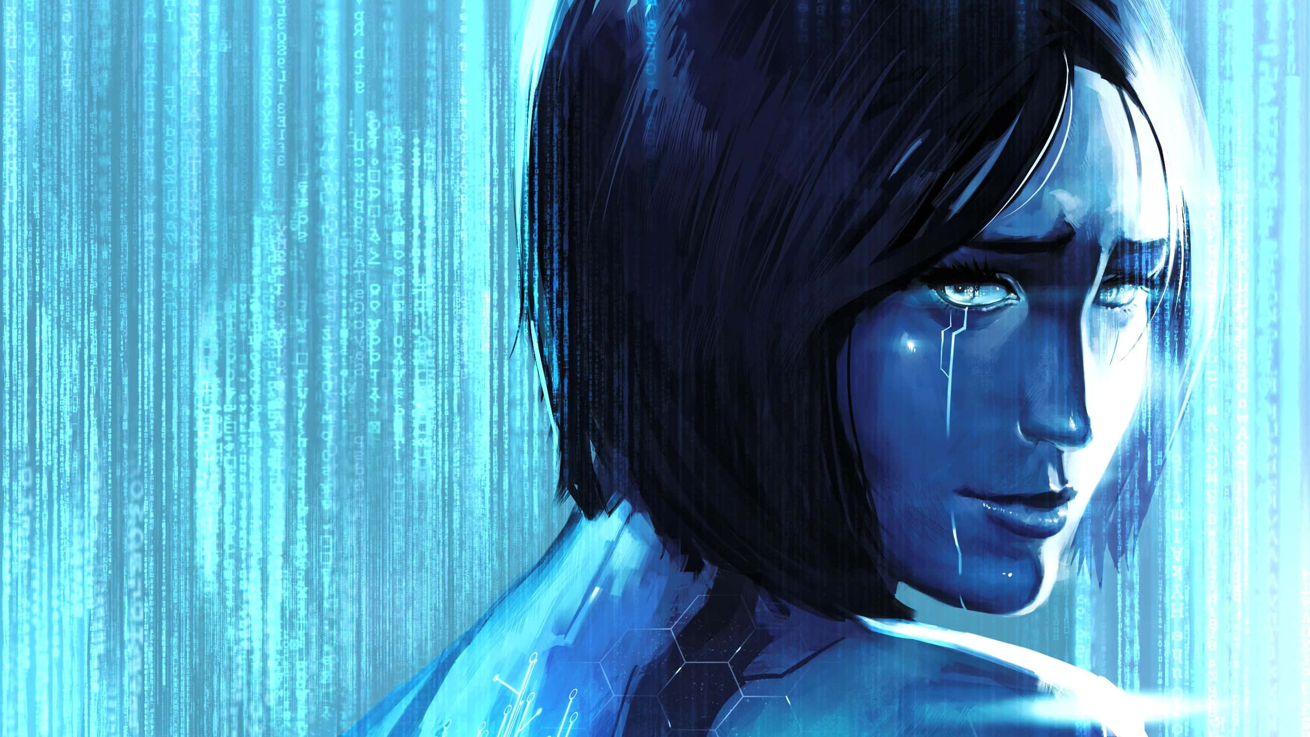 Halo Cortana 桌布 壁紙 — 一位短黑髮、眼睛發光的女性數位藝術肖像，周圍環繞著層疊的藍色代碼，呈現賽博龐克風格。