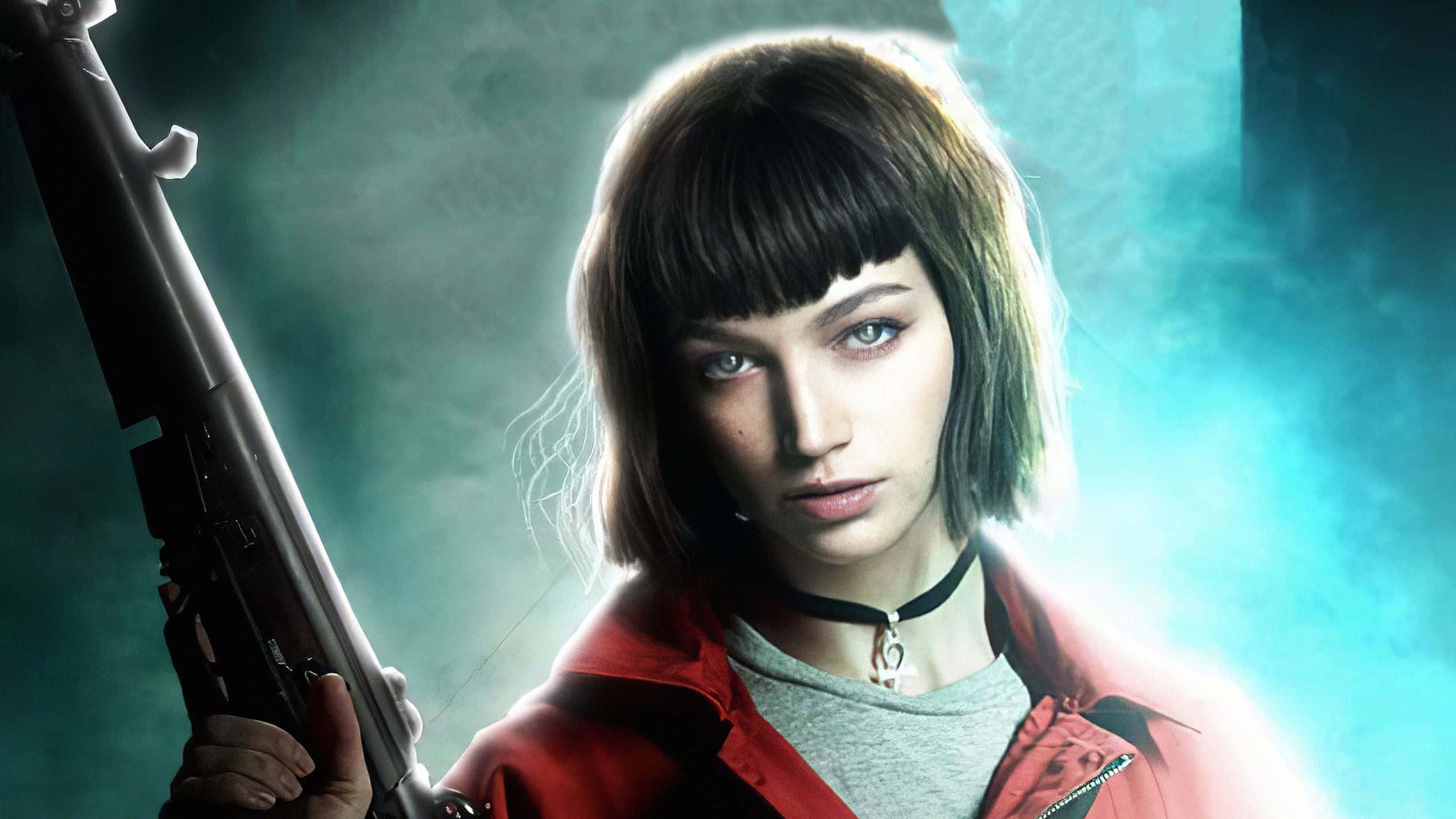Money Heist 桌布 壁紙 — 一位短黑髮的堅定年輕女子，在煙霧繚繞的藍綠色背景下，手持步槍，光線強烈。