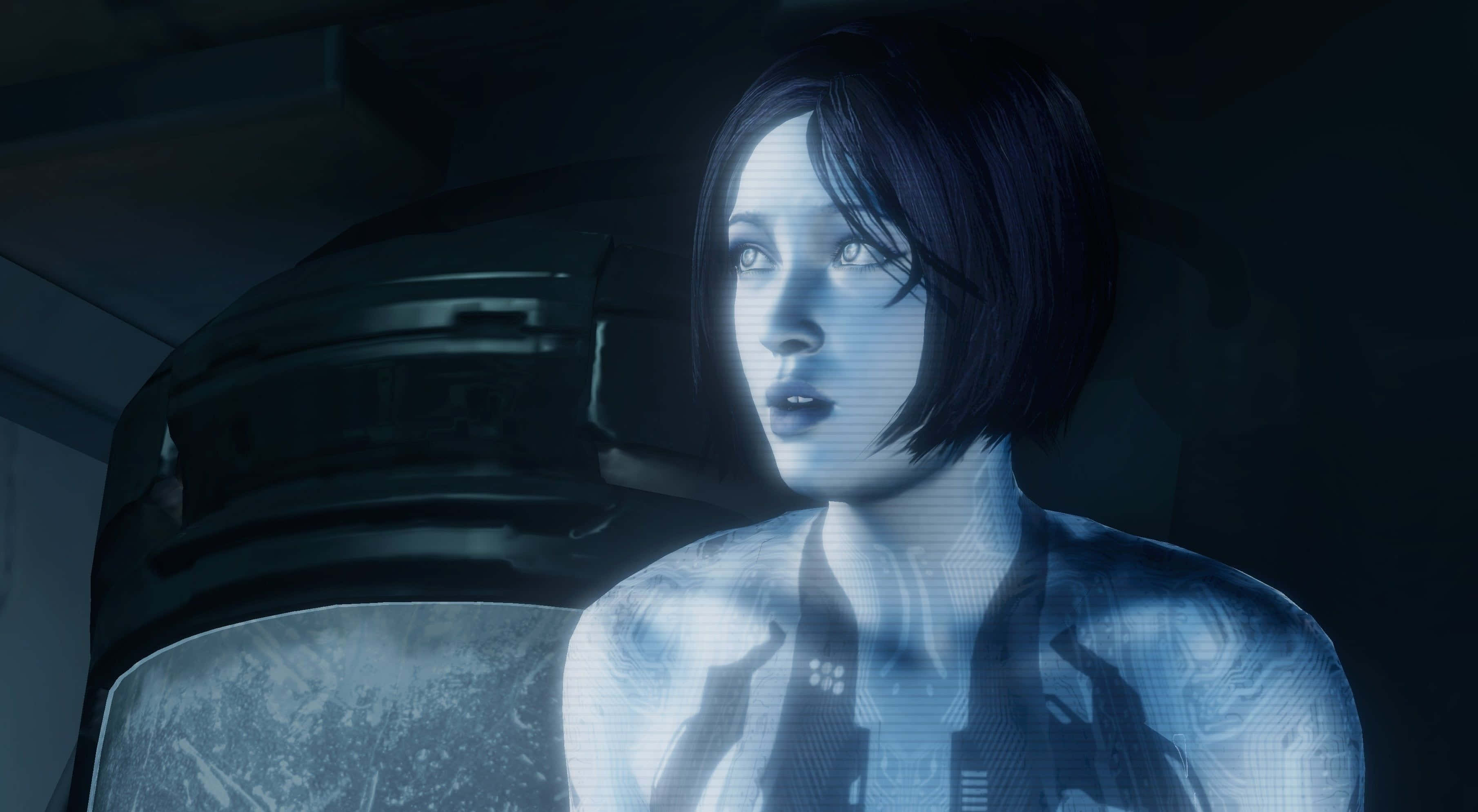 Halo Cortana 桌布 壁紙 — 一位短黑髮的發光藍色全息女性站在未來頭盔旁邊，處於昏暗的科幻場景中。