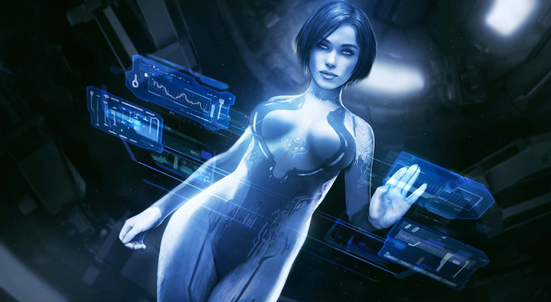 Halo Cortana 桌布 壁紙 — 一位短黑髮的發光賽博女性在昏暗的未來房間中與漂浮的藍色全息界面互動。