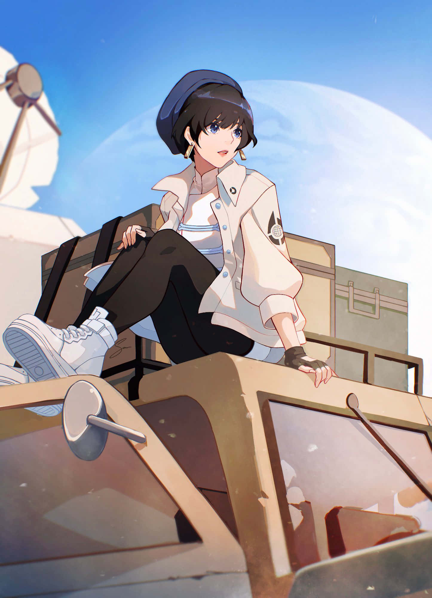 Meryl Stryfe 桌布 壁紙 — 一位短黑髮藍眼的年輕動漫女孩坐在一輛復古車輛上，背景是明亮的藍天和一個大月亮。