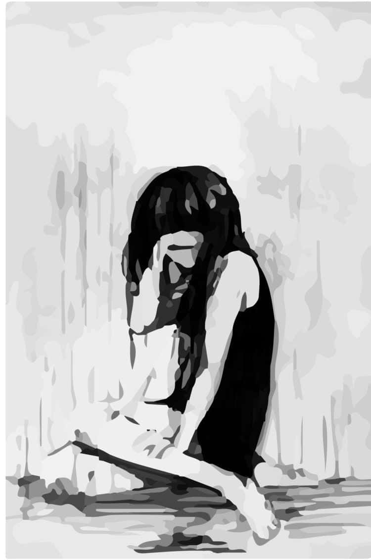 一位女性獨自低頭坐著，在灰階數碼繪畫中。