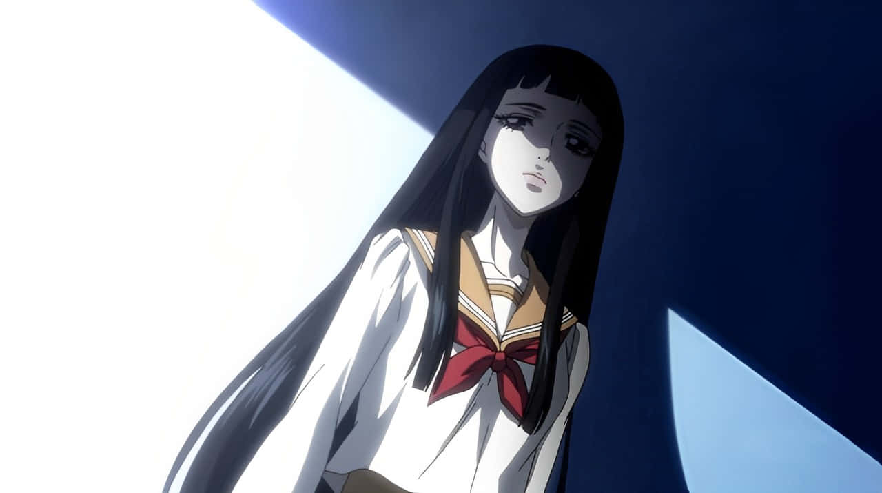 Rikako Oryo 桌布 壁紙 — 一位神情肅穆的動漫女孩，長長的黑髮和紅色蝴蝶結，在明亮的白色和深邃的藍色陰影之間形成鮮明對比。