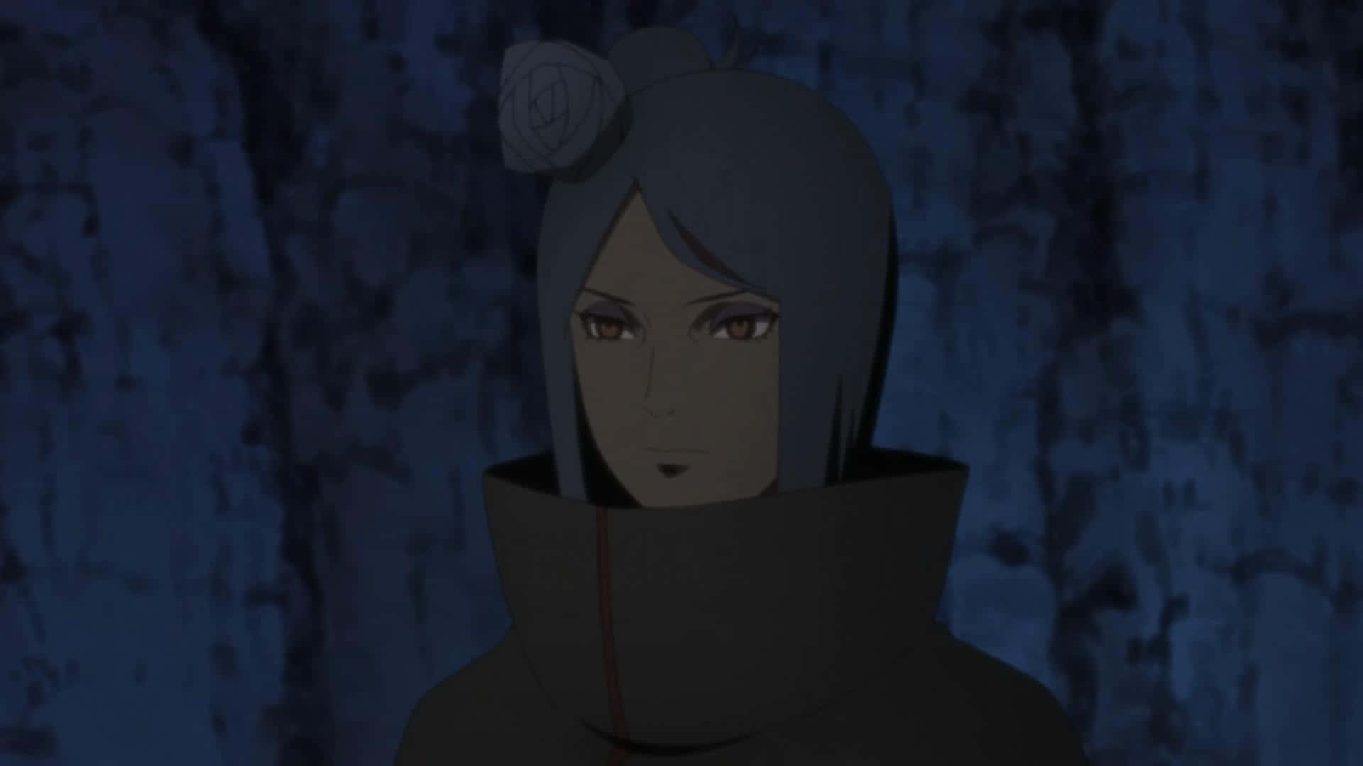 Konan 桌布 壁紙 — 一位神情莊嚴的動漫女孩，灰色頭髮上別著玫瑰髮夾，在昏暗的藍色洞穴中凝視前方。