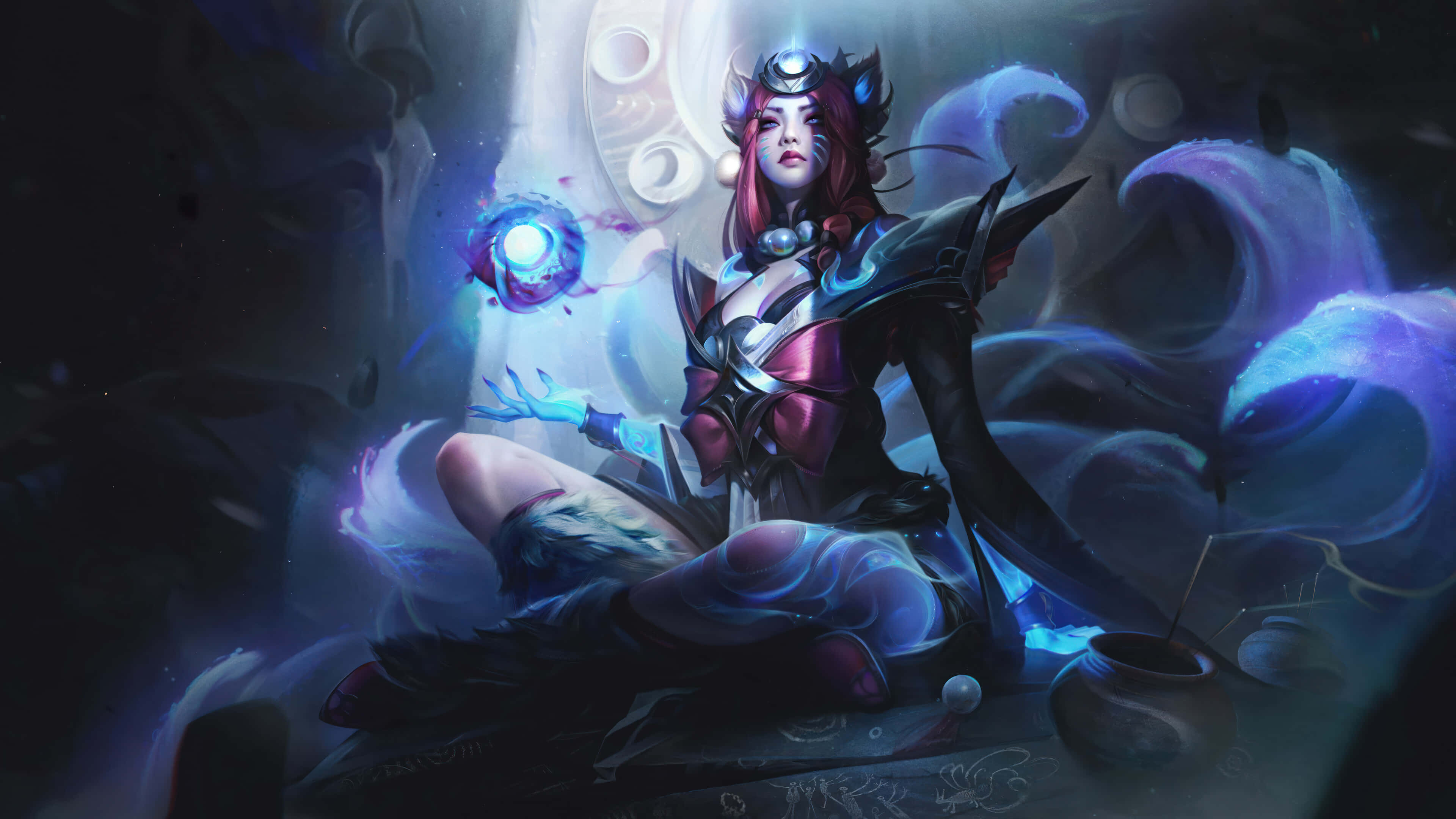 League Of Legends Champions 桌布 壁紙 — 一位神秘動漫戰士，紅髮，散發藍色光芒的魔法，盤腿坐在旋轉的宇宙能量和漂浮球體之中。