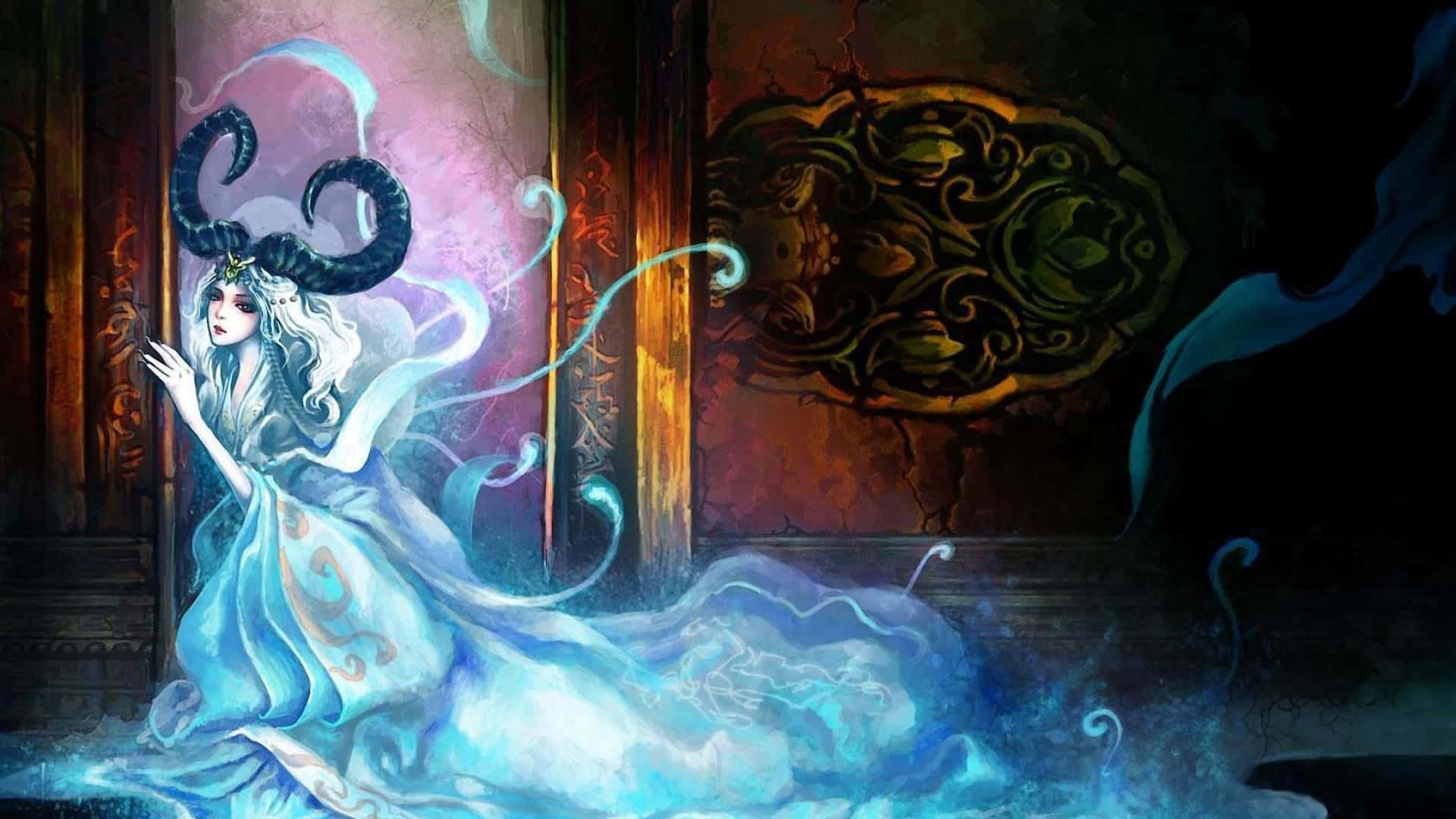 白羊座 桌布 壁紙 — 一位神秘女子，頭戴黑色角，身穿飄逸藍色長袍，站在一個黑暗華麗的房間中，發光的能量在她周圍旋轉。
