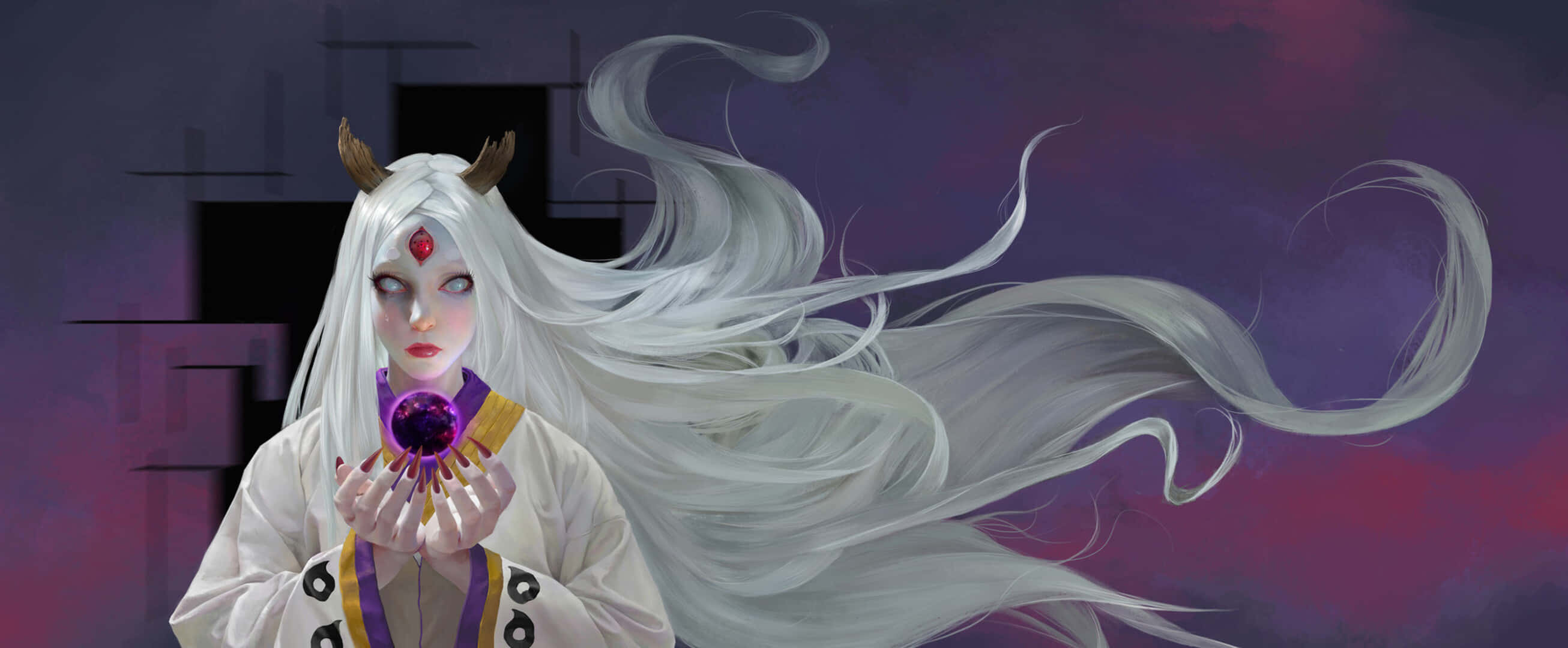 Kaguya Otsutsuki 桌布 壁紙 — 一位神秘的動漫女孩，長著白色長髮和角，在黑暗的幾何背景前手持發光的紫色球體。