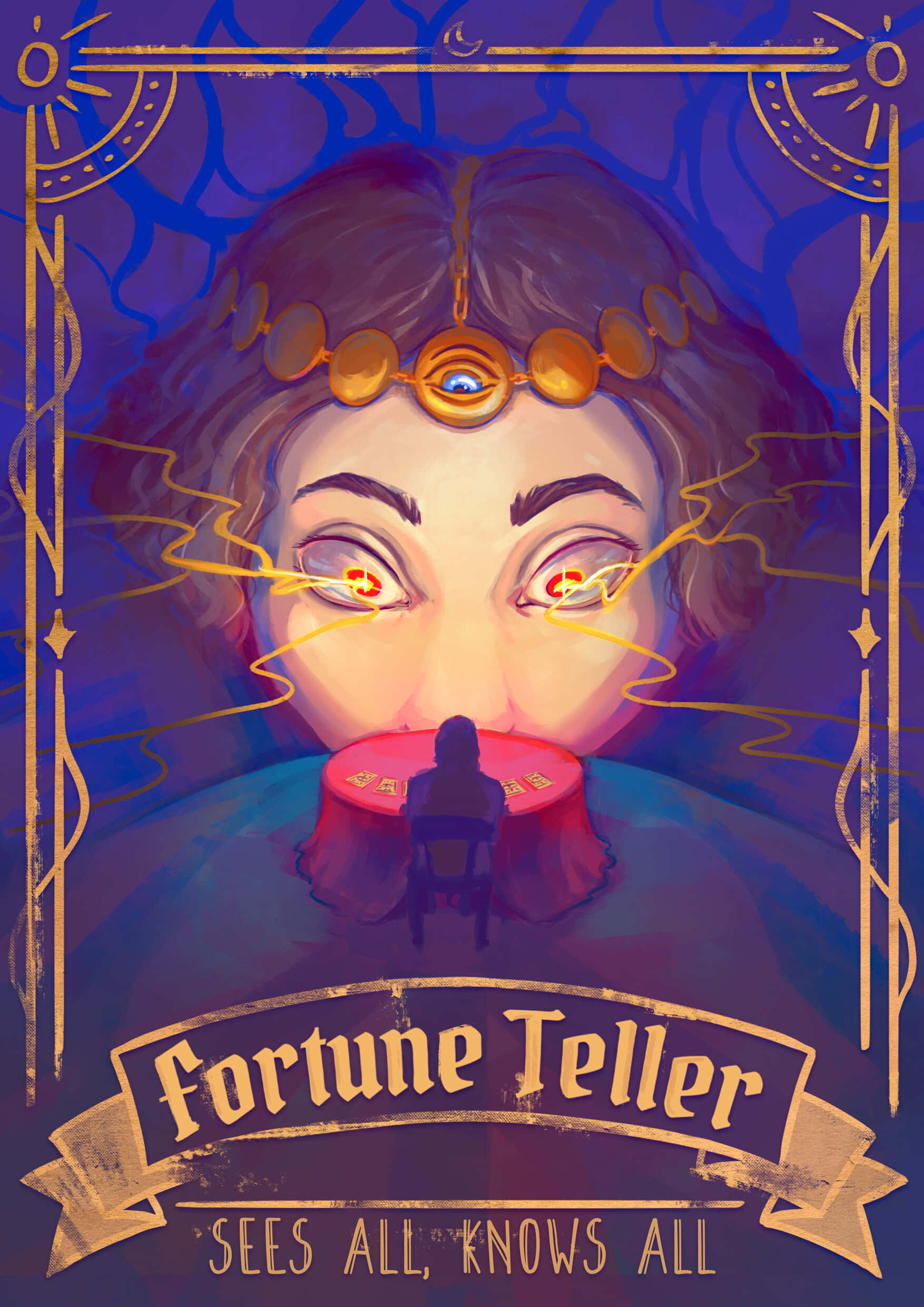 Fortune Teller 桌布 壁紙 — 一位神秘的占卜師，擁有發光的紅色眼睛和華麗的頭飾，俯視著坐在紅色桌子旁的人物。