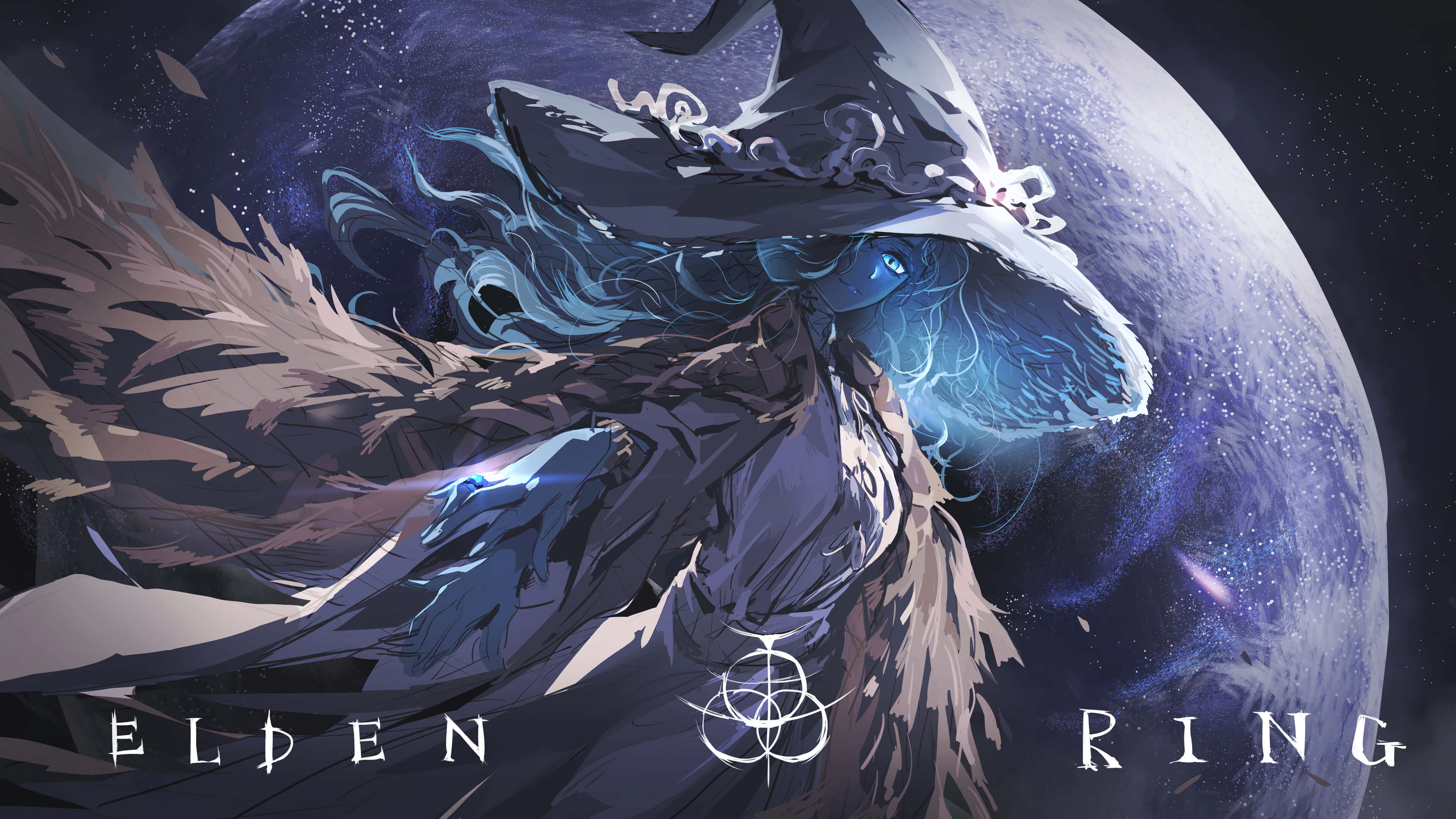 Rpg 桌布 壁紙 — 一位神秘的女巫，擁有發光的藍色眼睛和飄逸的頭髮，站在一個佈滿星星的行星前，戴著高高的尖頂帽子和深色長袍。