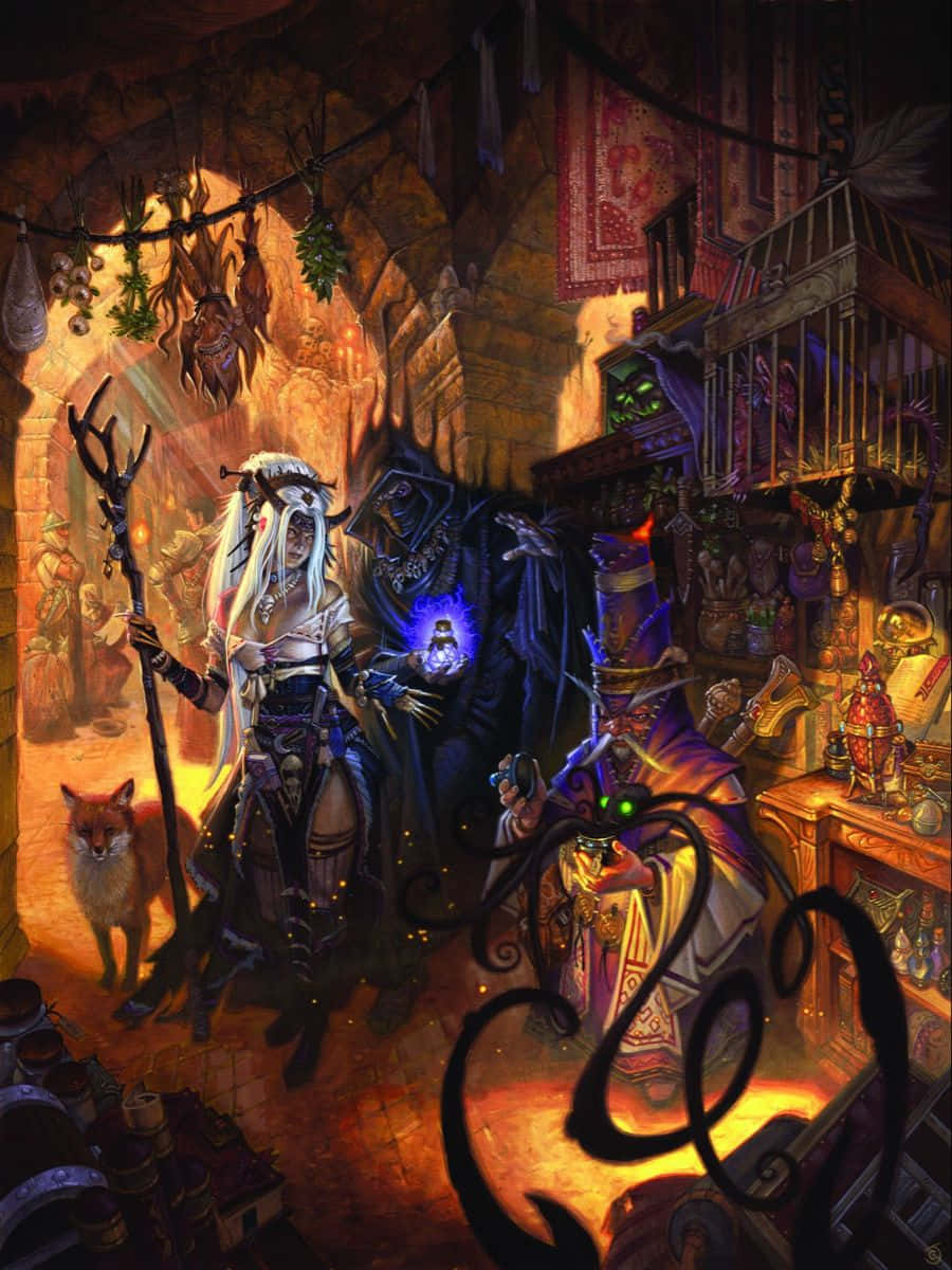 Black Market 桌布 壁紙 — 一位神秘的女巫和黑暗法師站在一個雜亂、溫暖照明的煉金術商店中，充滿了奧術工藝品和發光的藥水。