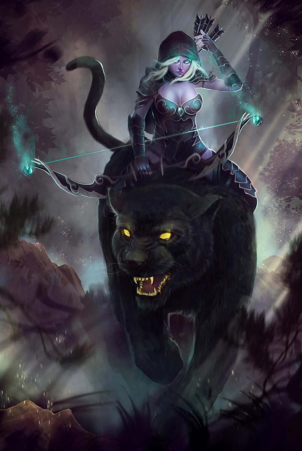 Drow Ranger 桌布 壁紙 — 一位神秘的弓箭手帶著發光的箭，騎著一頭咆哮的黑豹穿過薄暮時分迷霧籠罩的森林。
