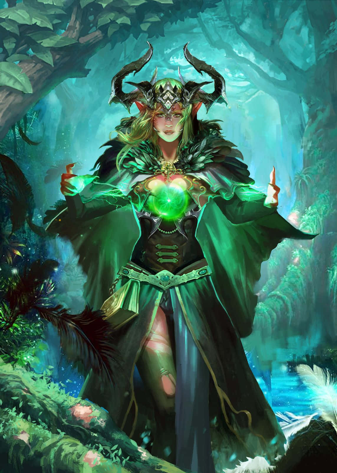 Green Witch 桌布 壁紙 — 一位神秘的精靈女王，擁有發光的綠色角和閃耀的球體，威嚴地站在發光的魔法森林中。