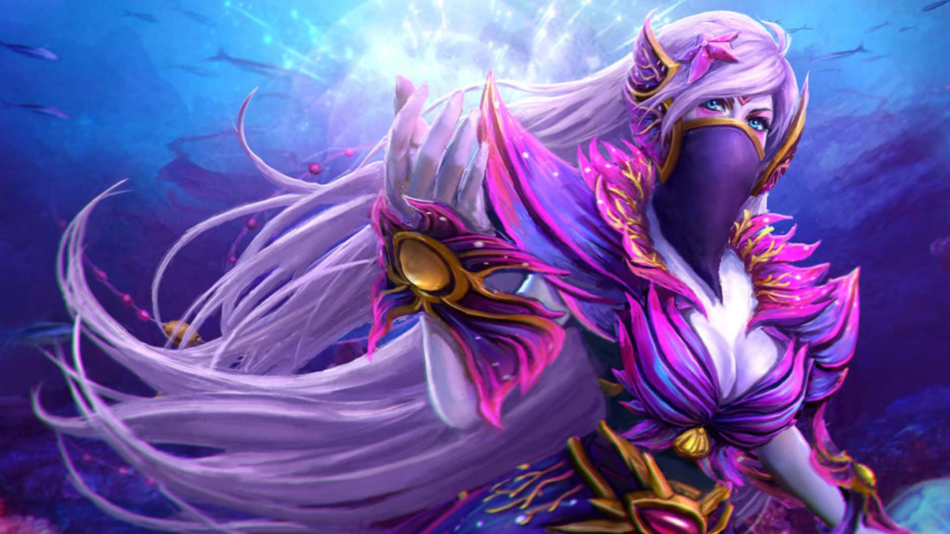 Dota 2 Heroes 桌布 壁紙 — 一位神秘的紫髮戰士身穿華麗盔甲，在發光的水下暗流中滑行，頭髮飄逸，身後有耀眼的光芒。