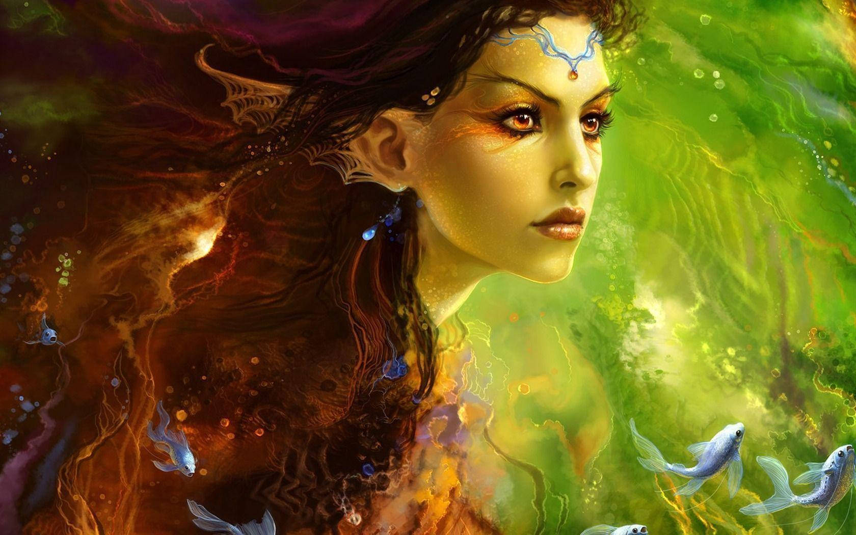 神秘美人魚，帶有發光標記和飄逸長髮，在充滿活力的水下漩渦中被銀色魚兒環繞。 — 美人魚 GIF 壁紙