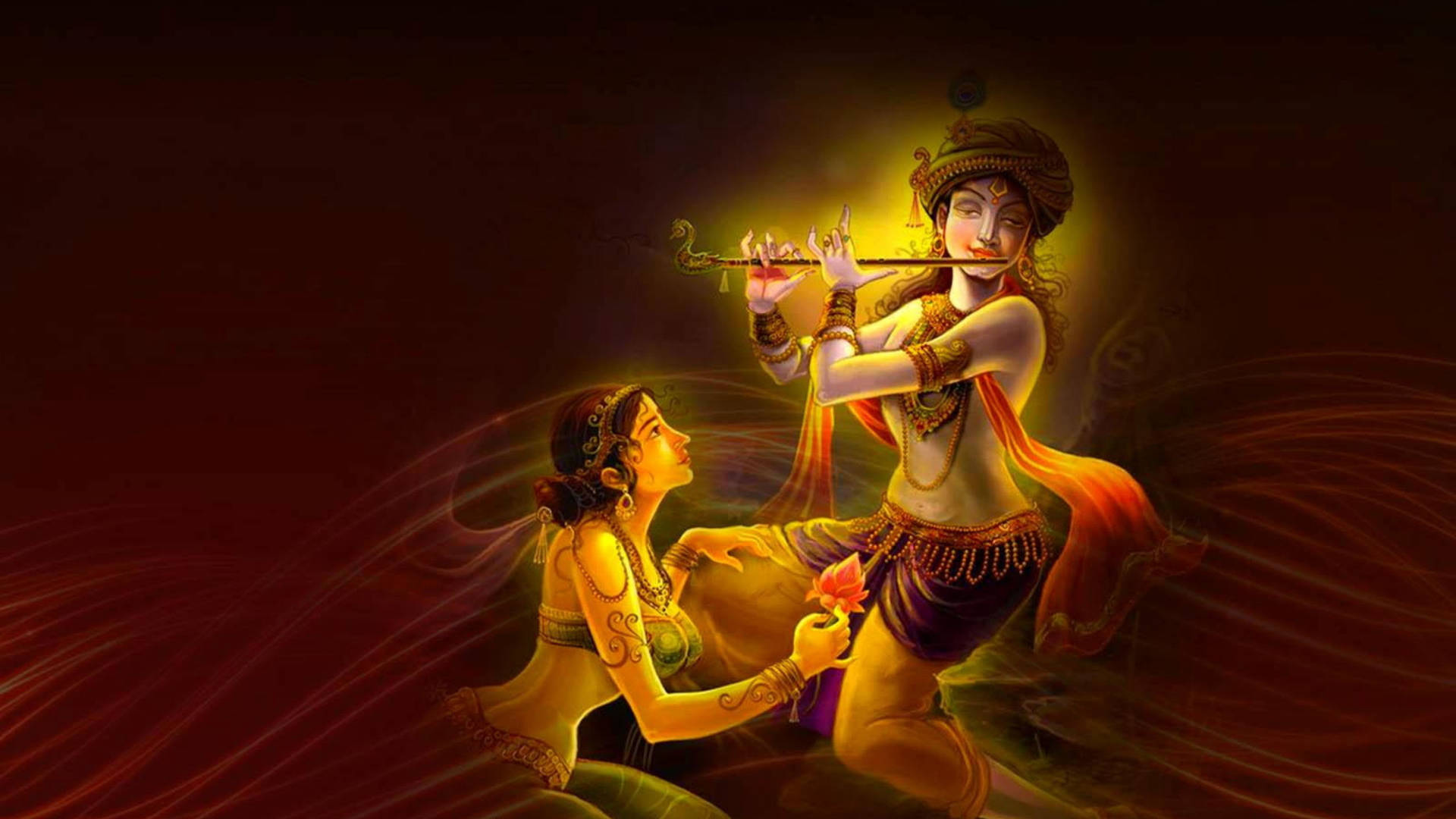 Krishna Desktop 桌布 壁紙 — 一位神聖人物吹奏長笛，一位信徒在閃耀的金色懷抱中獻上蓮花。