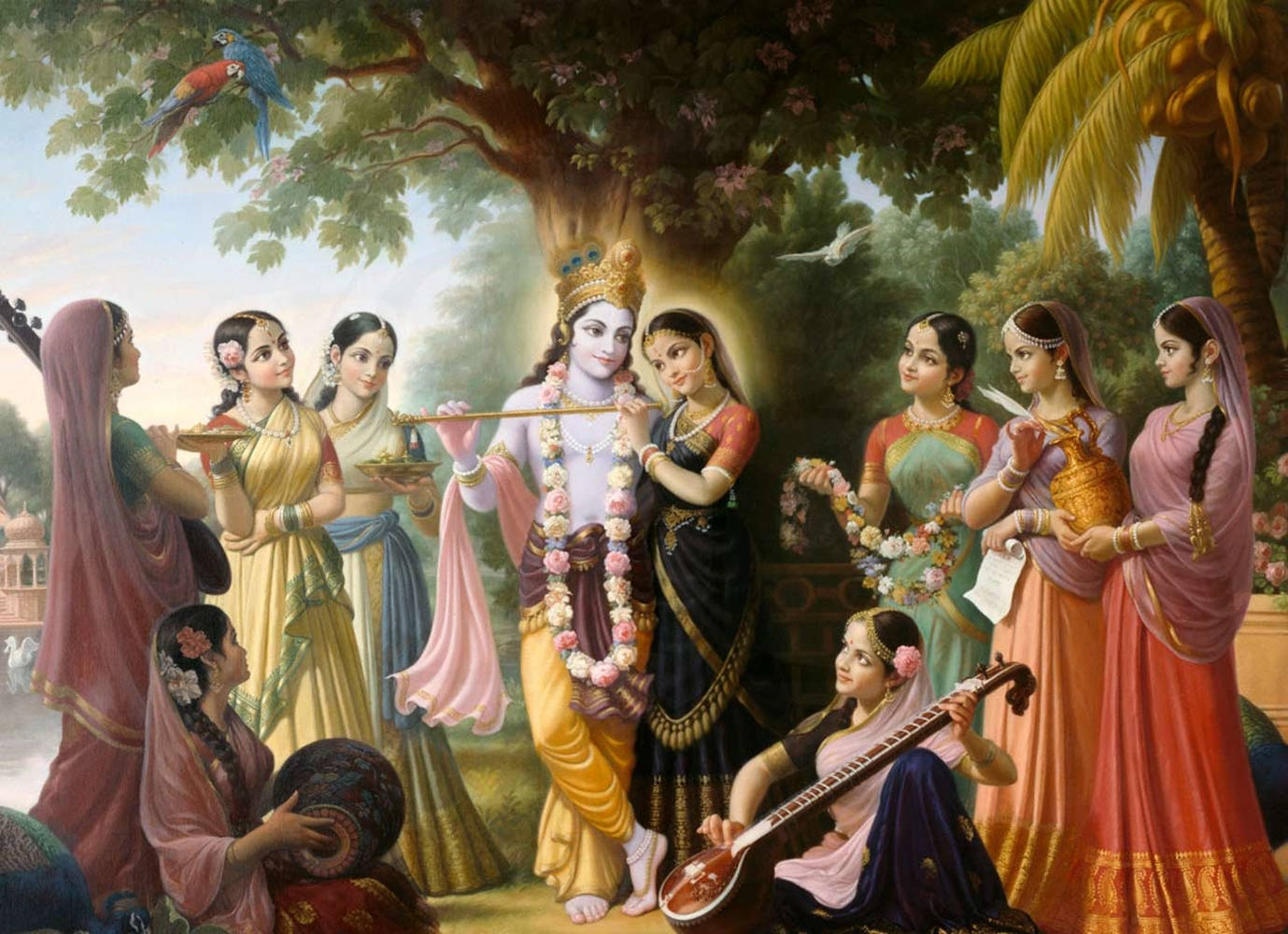 Indian 桌布 壁紙 — 一位神聖人物在茂密的樹下吹奏長笛，周圍是穿著鮮豔紗麗的優雅女子，還有鸚鵡和鳥類。