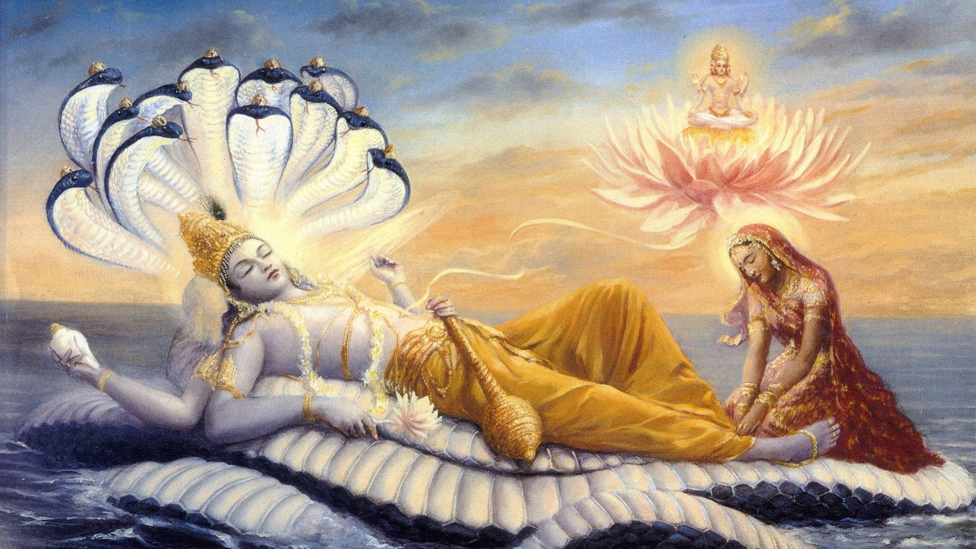 Krishna Desktop 桌布 壁紙 — 一位神聖人物寧靜地躺在海洋波浪中的宇宙蛇上，上方有發光的蓮花和天界存在。