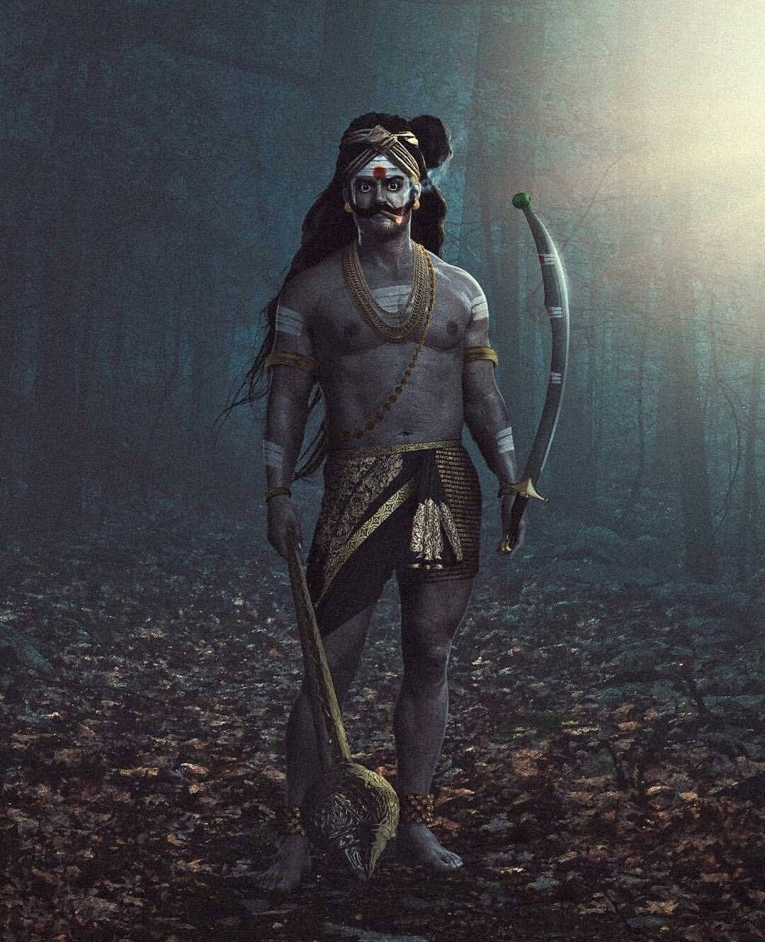 Hindu God 桌布 壁紙 — 一位神聖弓箭手站在迷霧森林中，沐浴在金色陽光下，手持弓和狼牙棒，飾有黃金珠寶，額頭上有神聖印記。