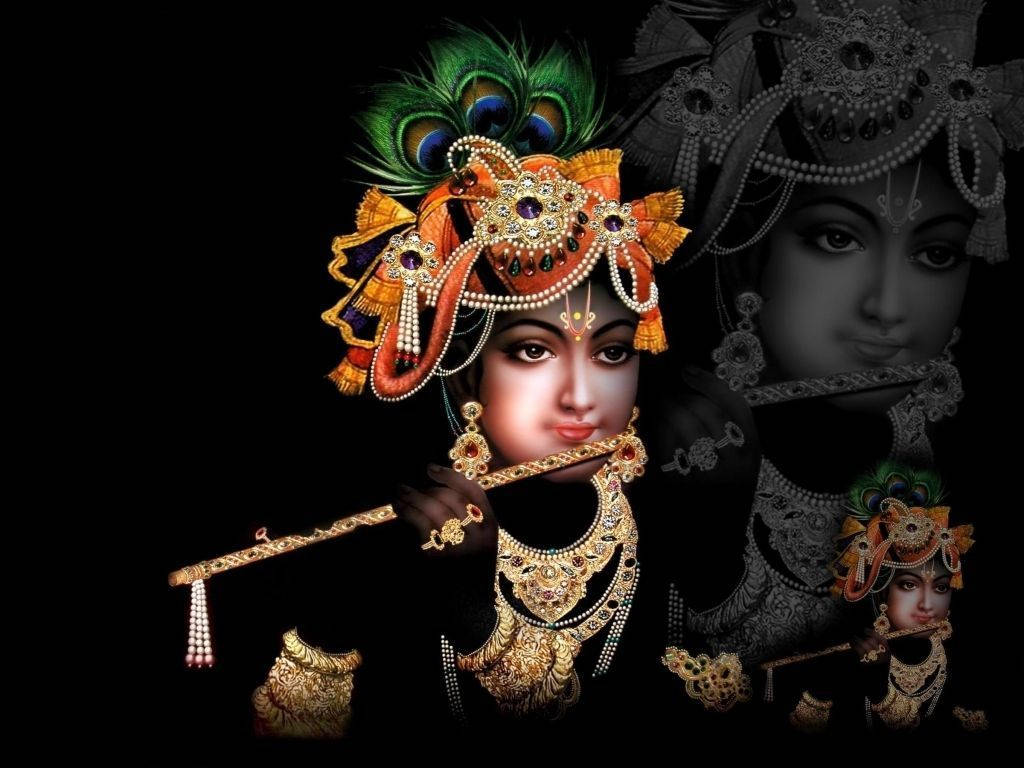 Hindi 桌布 壁紙 — 一位神聖的人物佩戴著金色珠寶和孔雀羽毛冠冕，在黑暗背景上伴隨著空靈的疊加效果吹奏長笛。