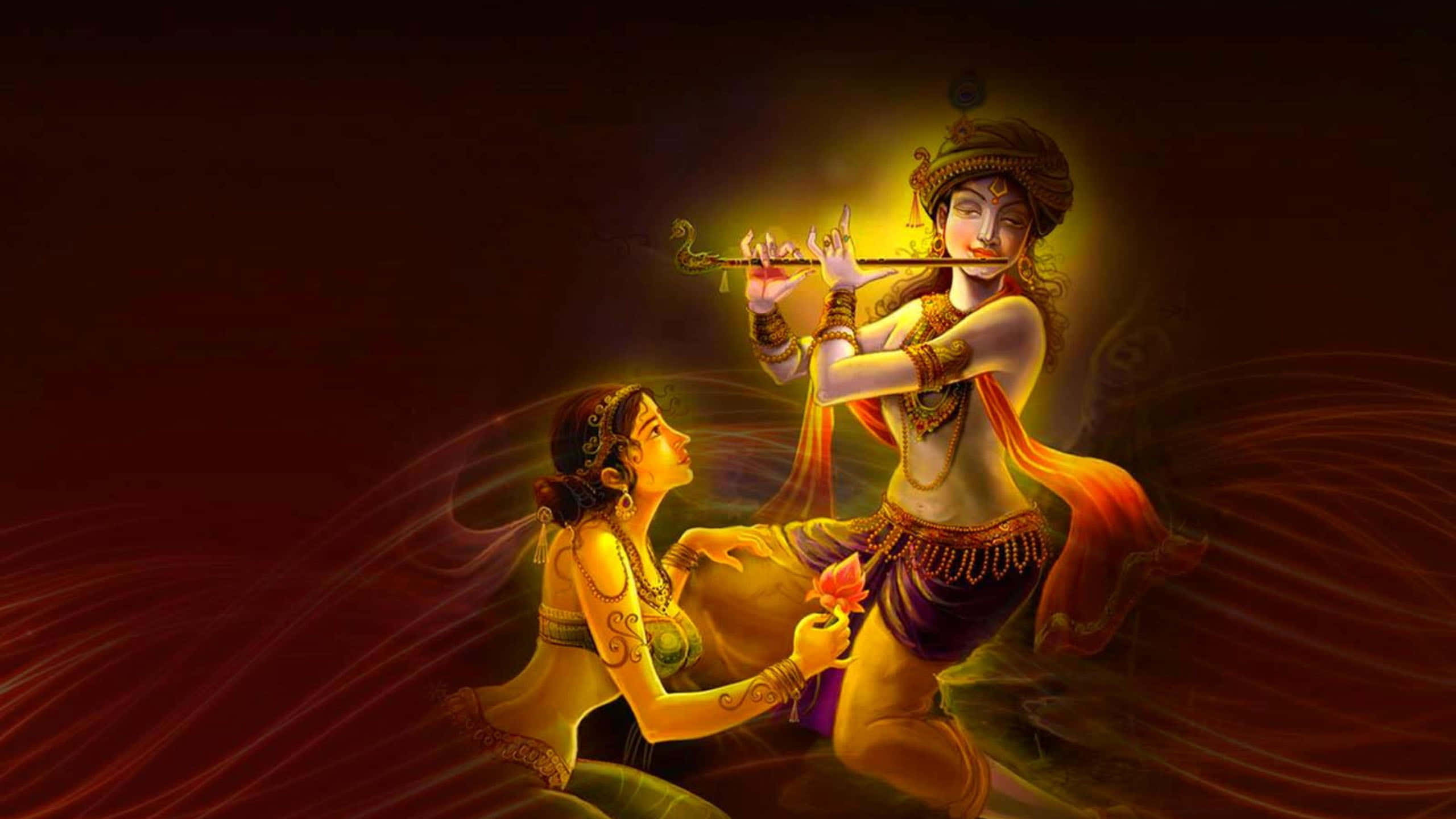 Radha Krishna 桌布 壁紙 — 一位神聖的人物吹奏長笛，而一位信徒在神秘的金色場景中獻上花朵。