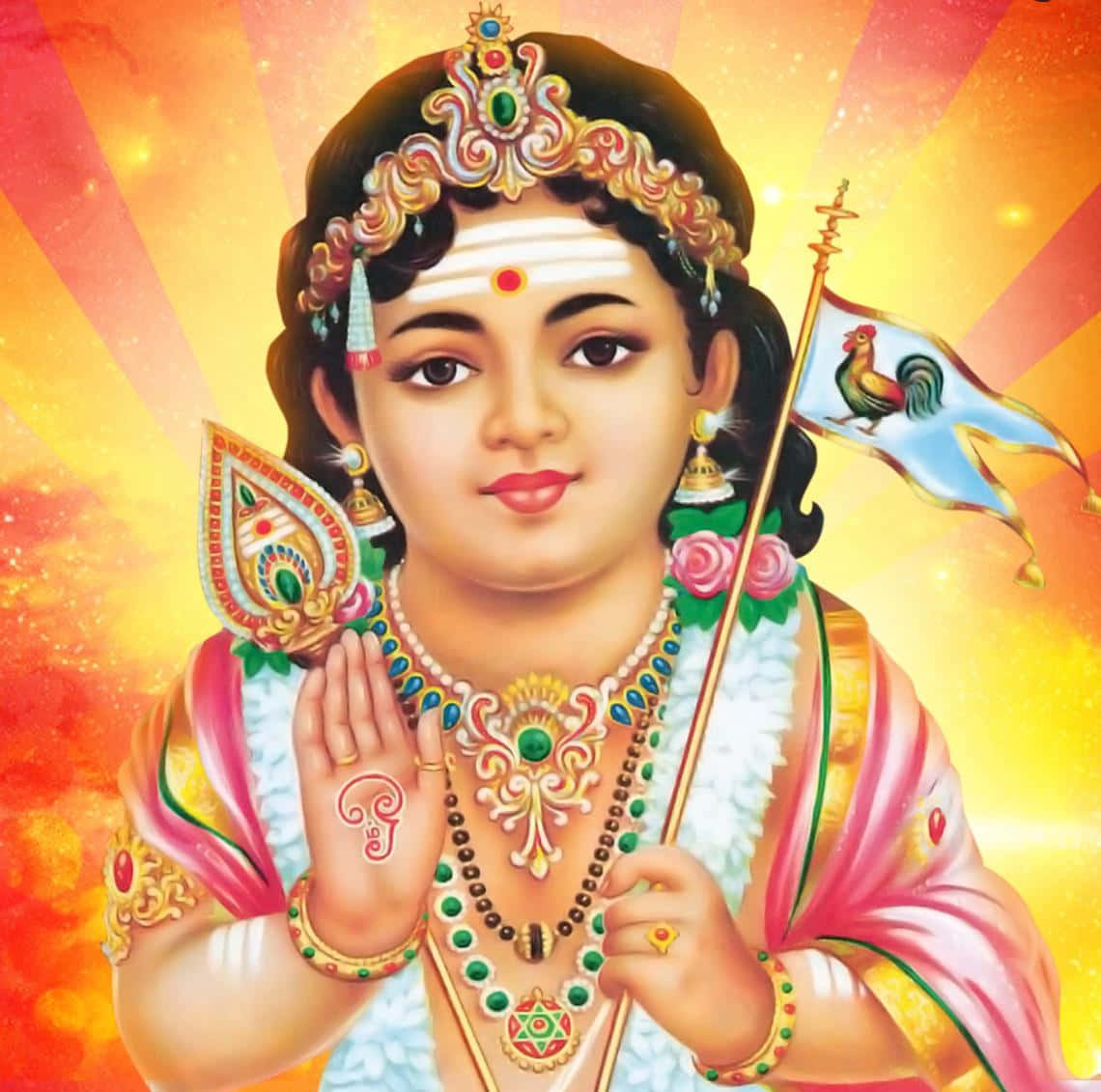 Murugan 桌布 壁紙 — 一位神聖的兒童神祇，佩戴珠寶和皇冠，手持一面有公雞和法螺的旗幟，背景是閃耀的金橙色。