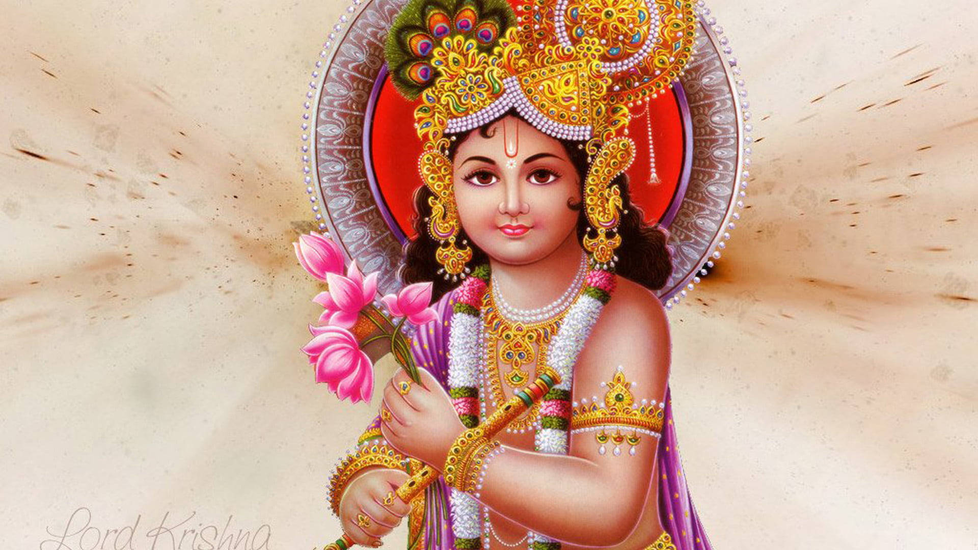 Indian 桌布 壁紙 — 一位神聖的兒童神祇，佩戴金色珠寶和孔雀羽毛皇冠，在光環照耀的背景下手持粉紅色蓮花。