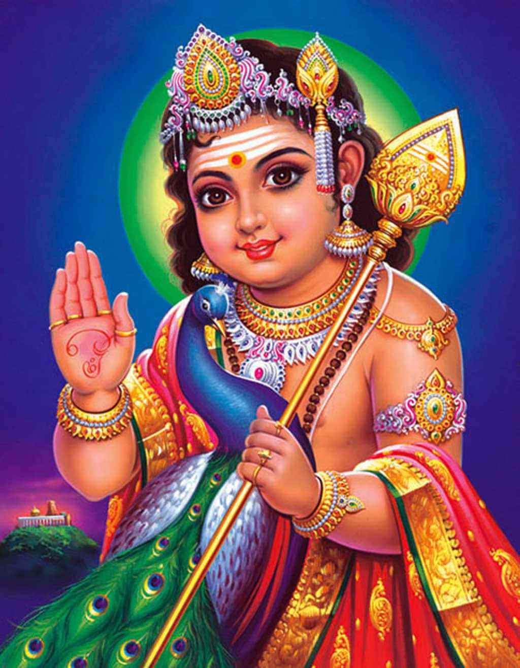 Murugan 桌布 壁紙 — 一位神聖的兒童神祇，佩戴金色珠寶和紅色長袍，手持狼牙棒和一隻孔雀，背景是閃耀的藍綠色光環。