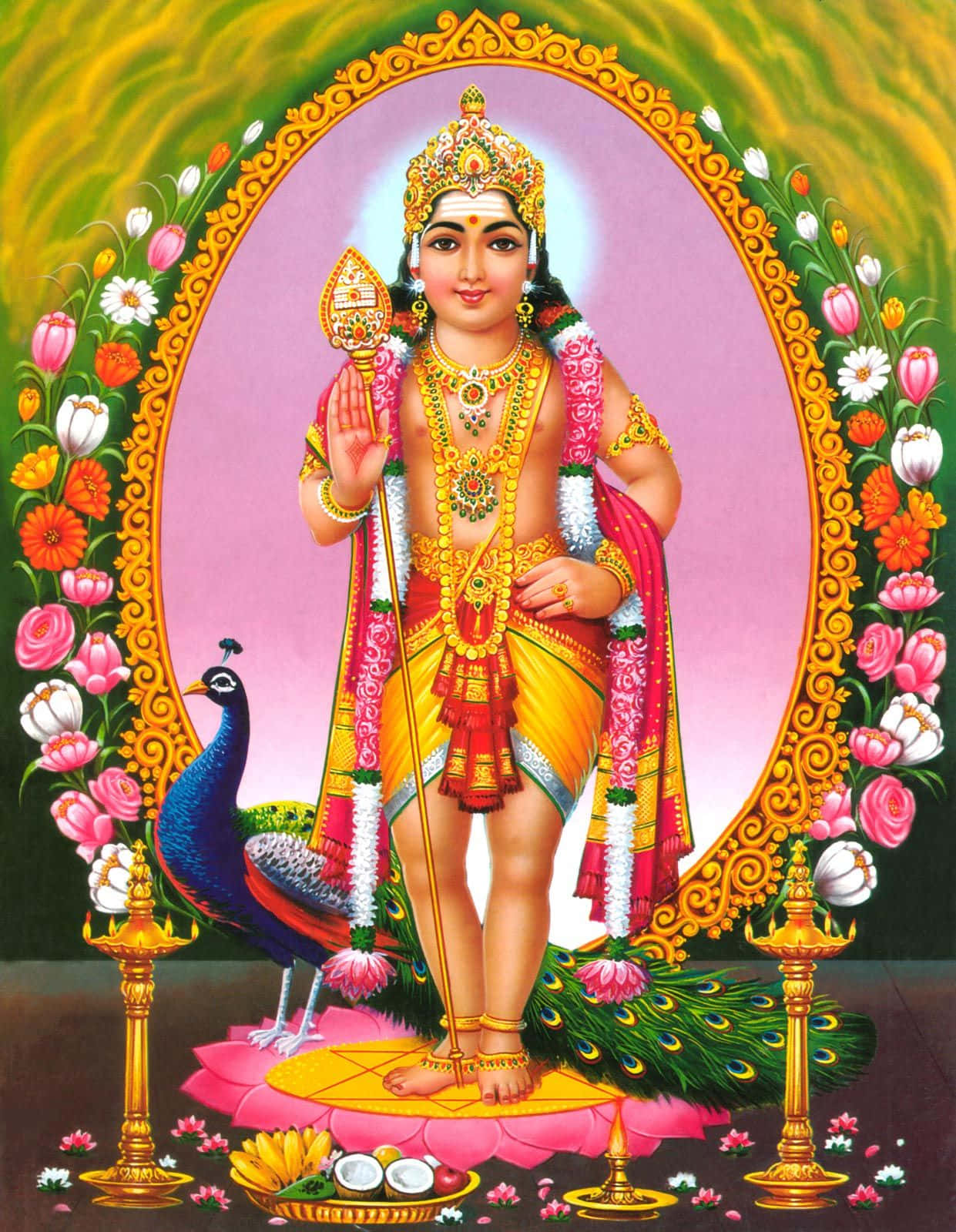 Murugan 桌布 壁紙 — 一位神聖的兒童神祇，佩戴金色珠寶和色彩繽紛的服飾，站在蓮花上，旁邊有一隻孔雀，周圍是花卉拱門。
