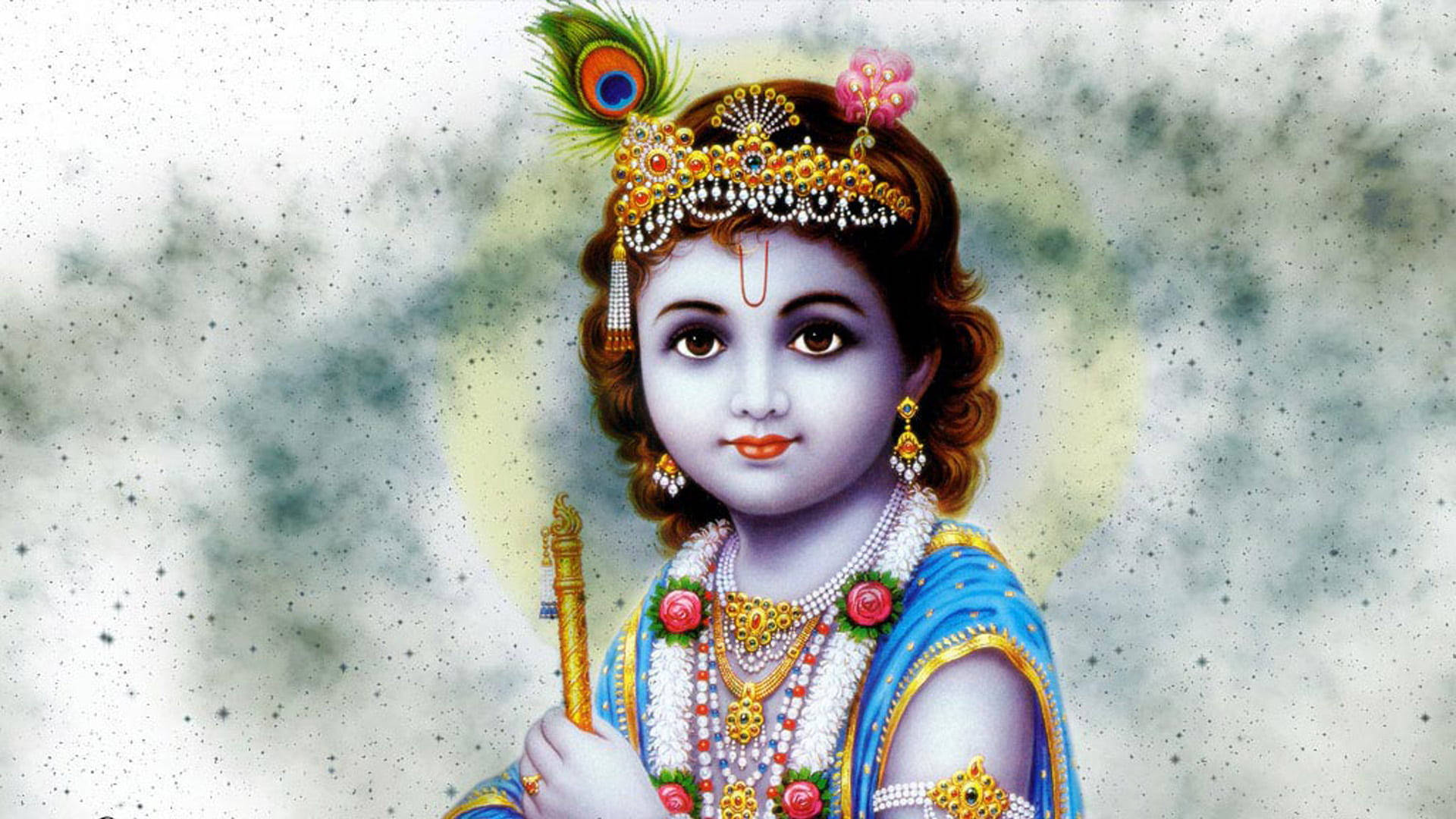 Krishna Desktop 桌布 壁紙 — 一位神聖的兒童神祇，飾有珠寶、孔雀羽毛和花朵，在柔和發光的背景下手持長笛。
