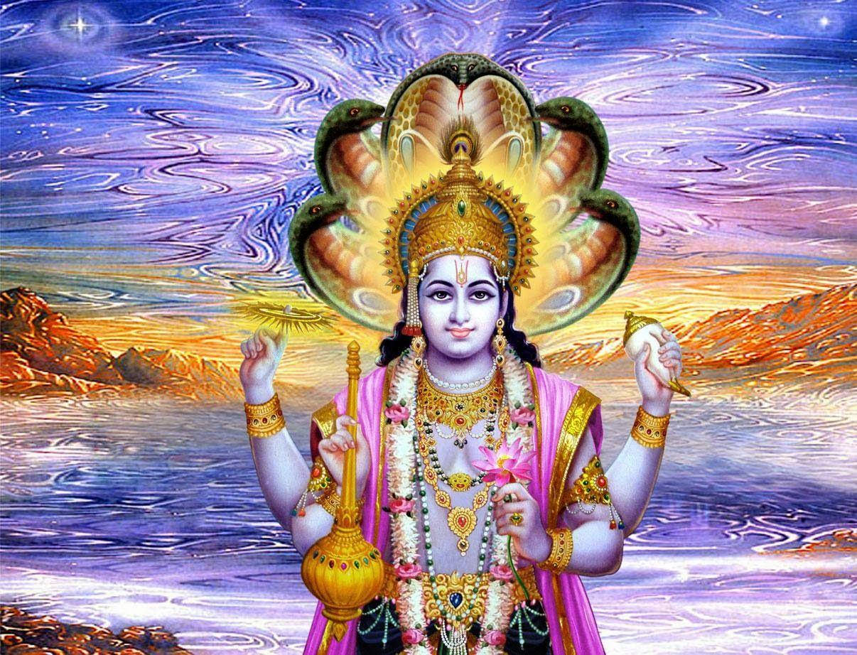 Vishnu 桌布 壁紙 — 一位神聖的印度教女神，擁有四臂和多頭蛇冠，在旋轉的宇宙天空中閃耀站立。