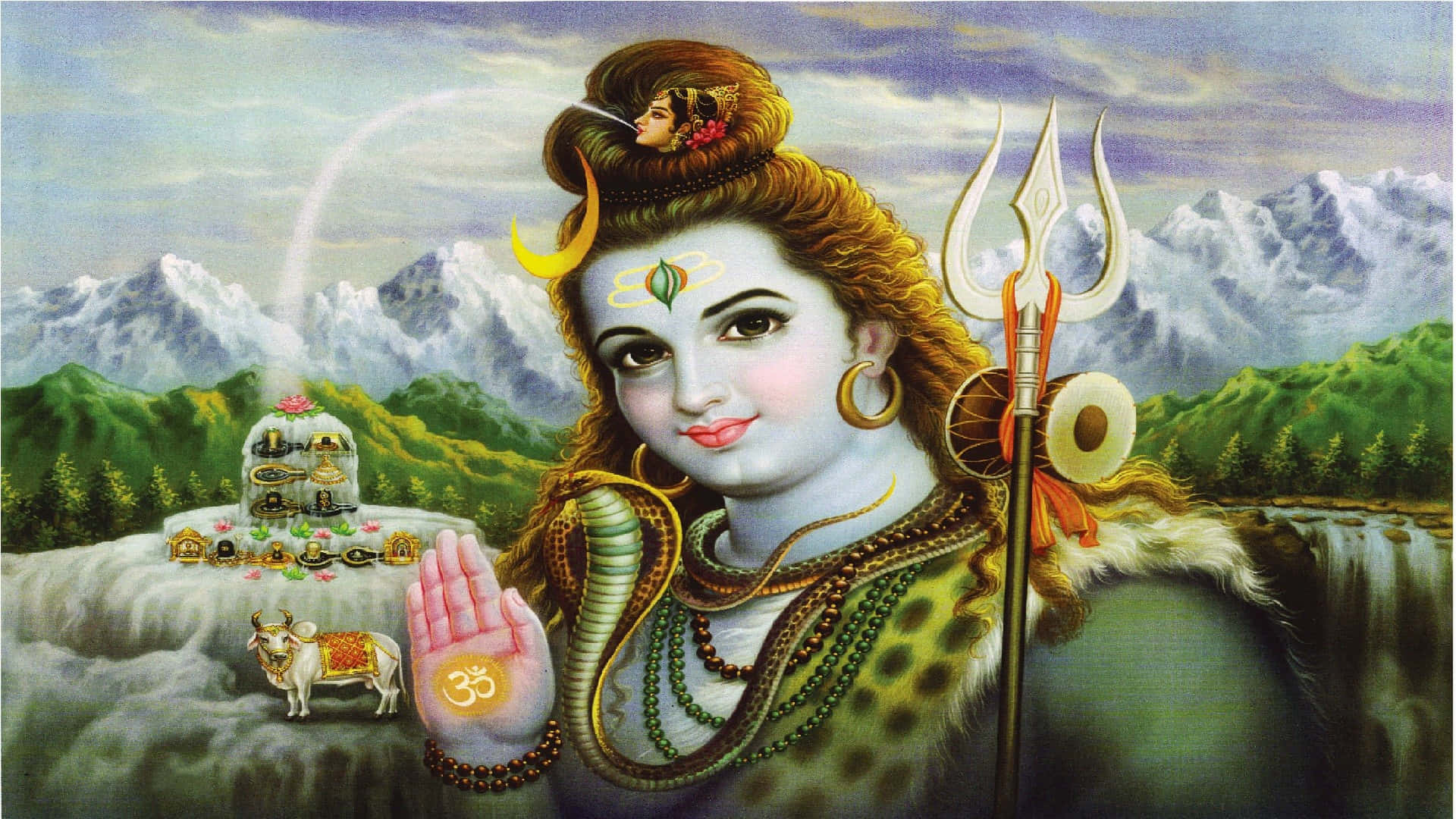 Lord Shiva 桌布 壁紙 — 一位神聖的印度教神祇，帶有新月和三叉戟，站在雪山前，手持發光的手勢符號。