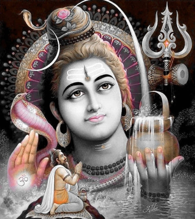 Lord Shiva 桌布 壁紙 — 一位神聖的印度教神祇，面容祥和，佩戴珠寶和皇冠，手持三叉戟和水瓶，下方有一位虔誠的信徒跪拜。