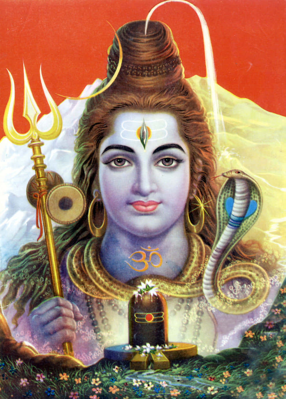 Lord Shiva 桌布 壁紙 — 一位神聖的印度教神祇，頭頂有三叉戟、蛇和彎月，在火紅與金色的背景前寧靜佇立。