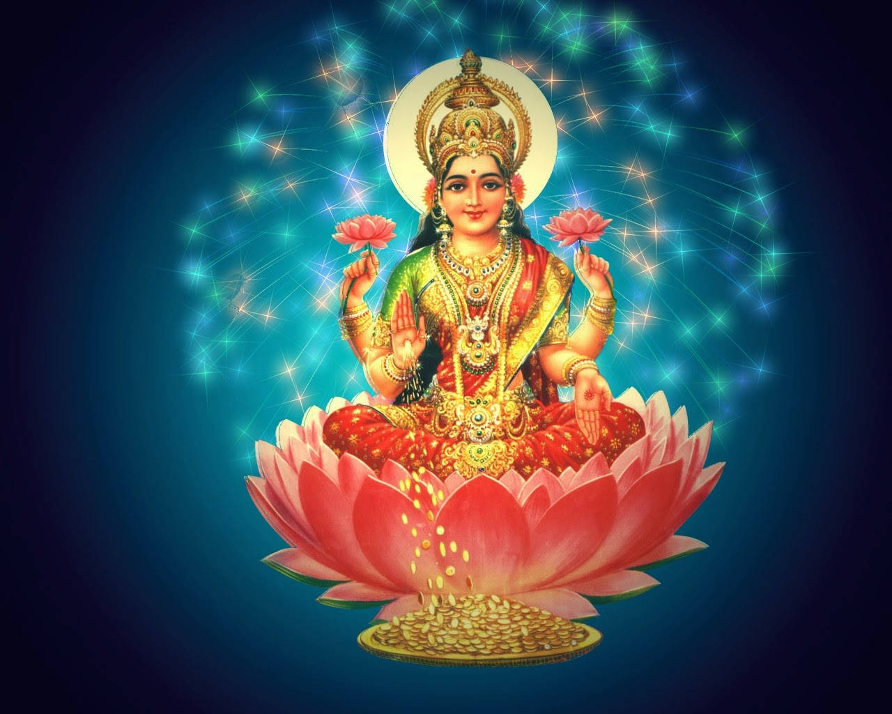 Lakshmi 桌布 壁紙 — 一位神聖的女神佩戴著黃金首飾，寧靜地坐在發光的粉紅色蓮花上，背景是閃爍的藍色宇宙。