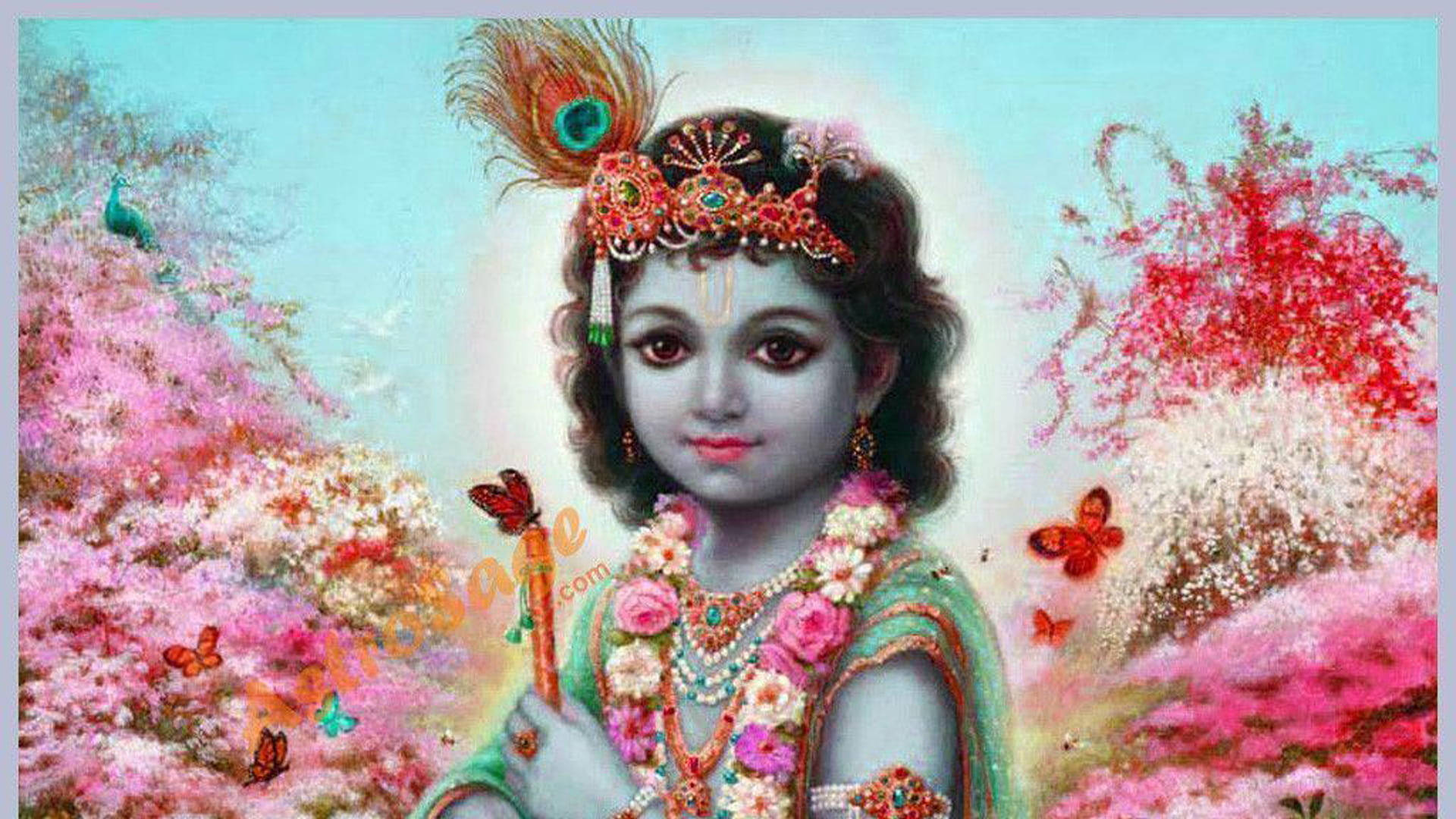 little krishna HD 桌布 壁紙 — 一位神聖的孩子戴著孔雀羽毛冠冕和花環，站在盛開的粉紅樹木和翩翩起舞的蝴蝶之間，背景是柔和的藍天。