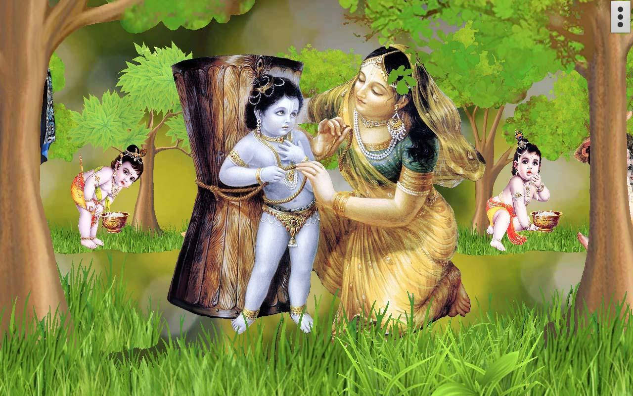 krishna god 桌布 壁紙 — 一位神聖的母親在茂密的綠色森林中用黃金珠寶裝飾她的孩子，其他孩子在附近玩耍。