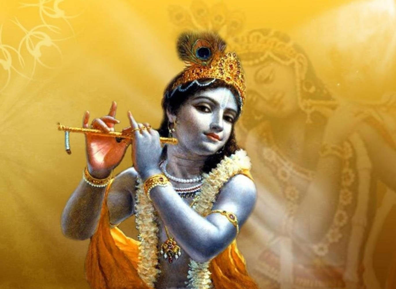 Indian 桌布 壁紙 — 一位神聖的藍皮膚人物戴著孔雀羽毛皇冠，在耀眼的黃色背景前吹奏金色長笛。