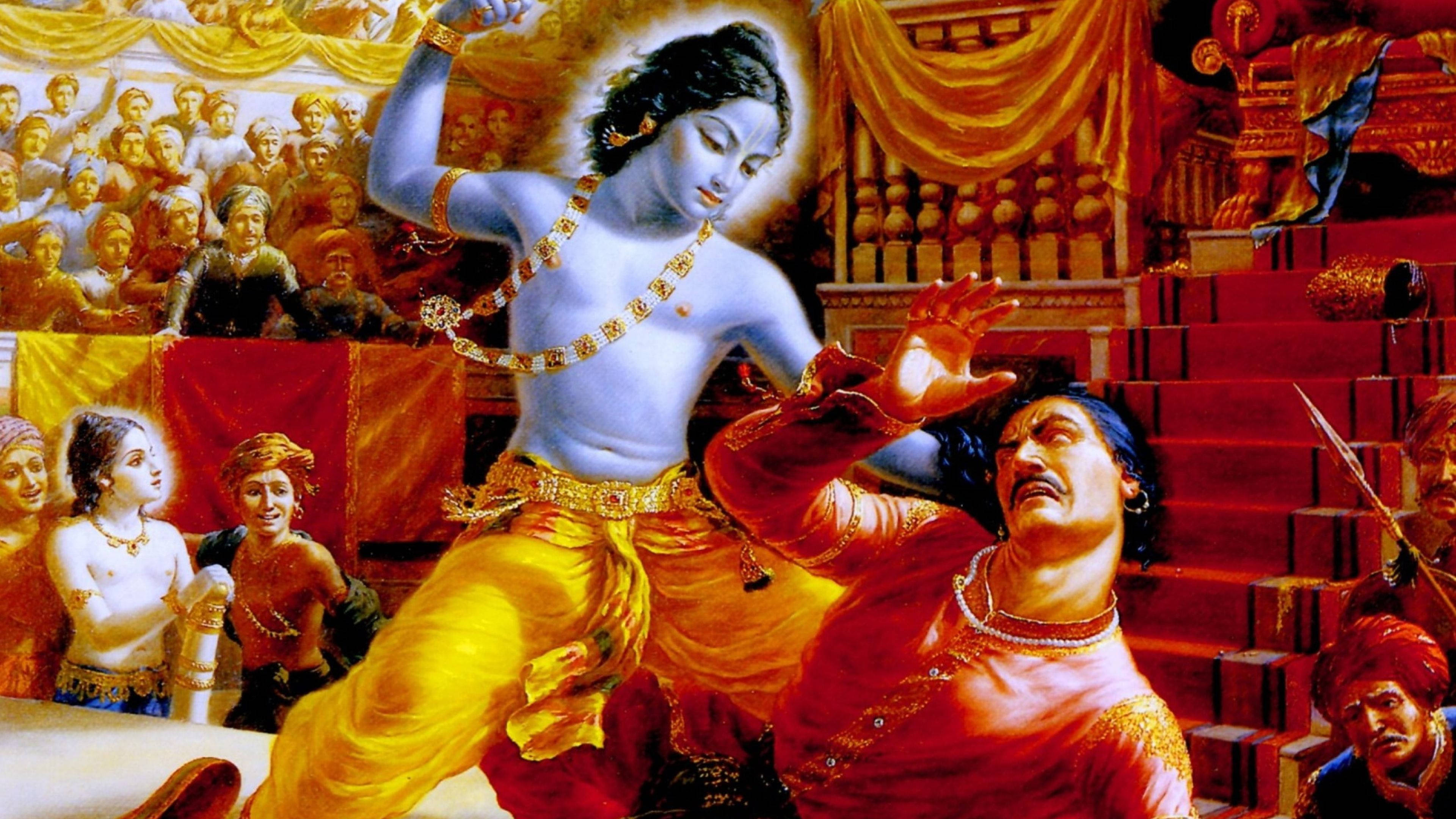 krishna ji 桌布 壁紙 — 一位神聖的藍皮膚人物身穿金色服飾，在奢華的宮殿場景中勝利地舞動於一位紅袍對手之上。