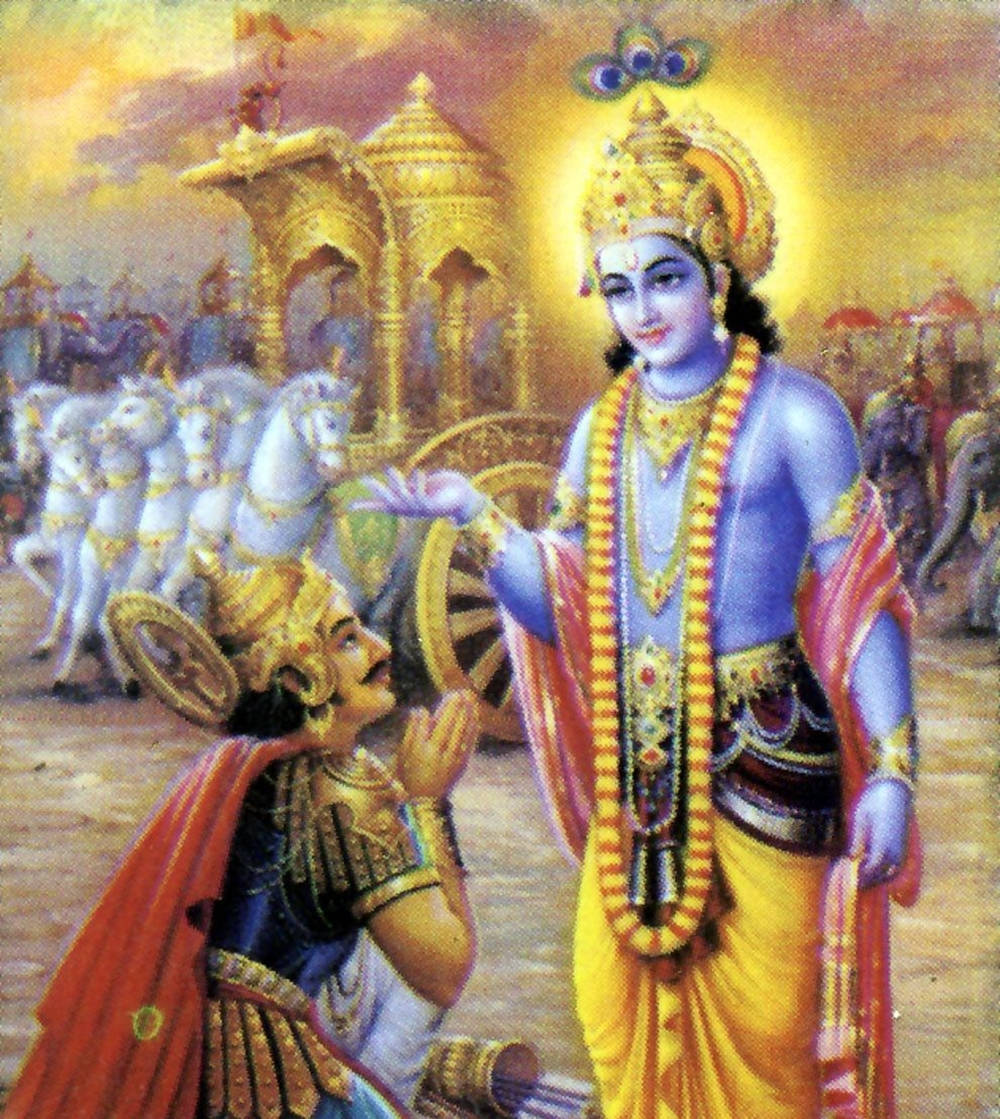 krishna god 桌布 壁紙 — 一位神聖的藍皮膚人物身穿金色王袍，祝福一位跪在由白馬拉動的雄偉戰車前的戰士。