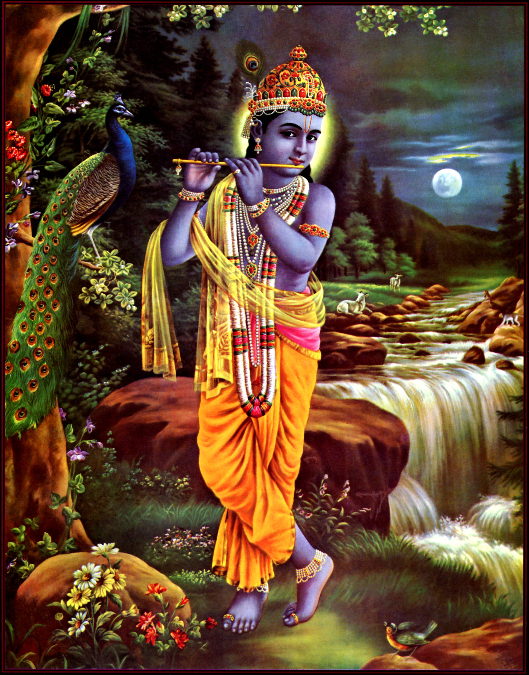 krishna phone 桌布 壁紙 — 一位神聖的藍皮膚人物身穿金色長袍，在月光下的瀑布旁吹奏長笛，附近有一隻孔雀棲息。